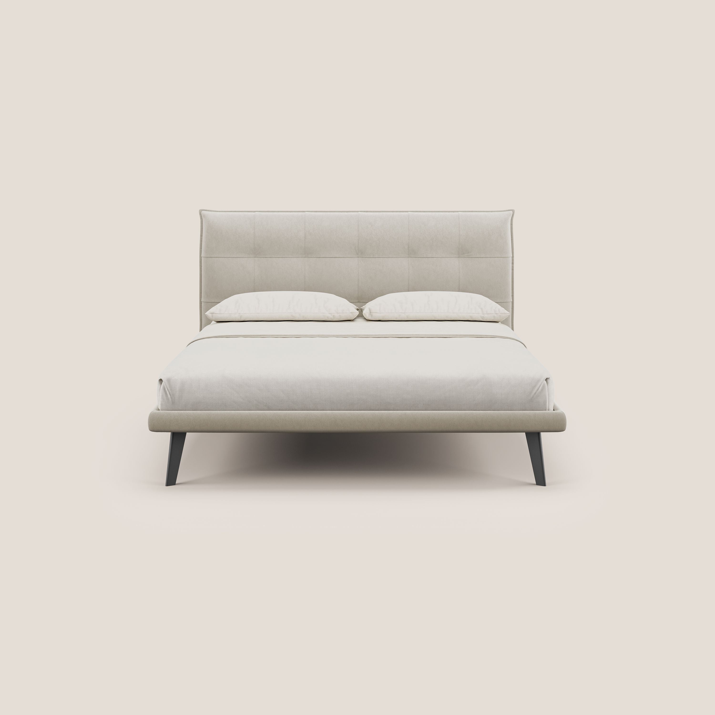 Brigitte letto con testata trapuntata piedi alti in mogano e tessuto impermeabile T09 beige - divani.store