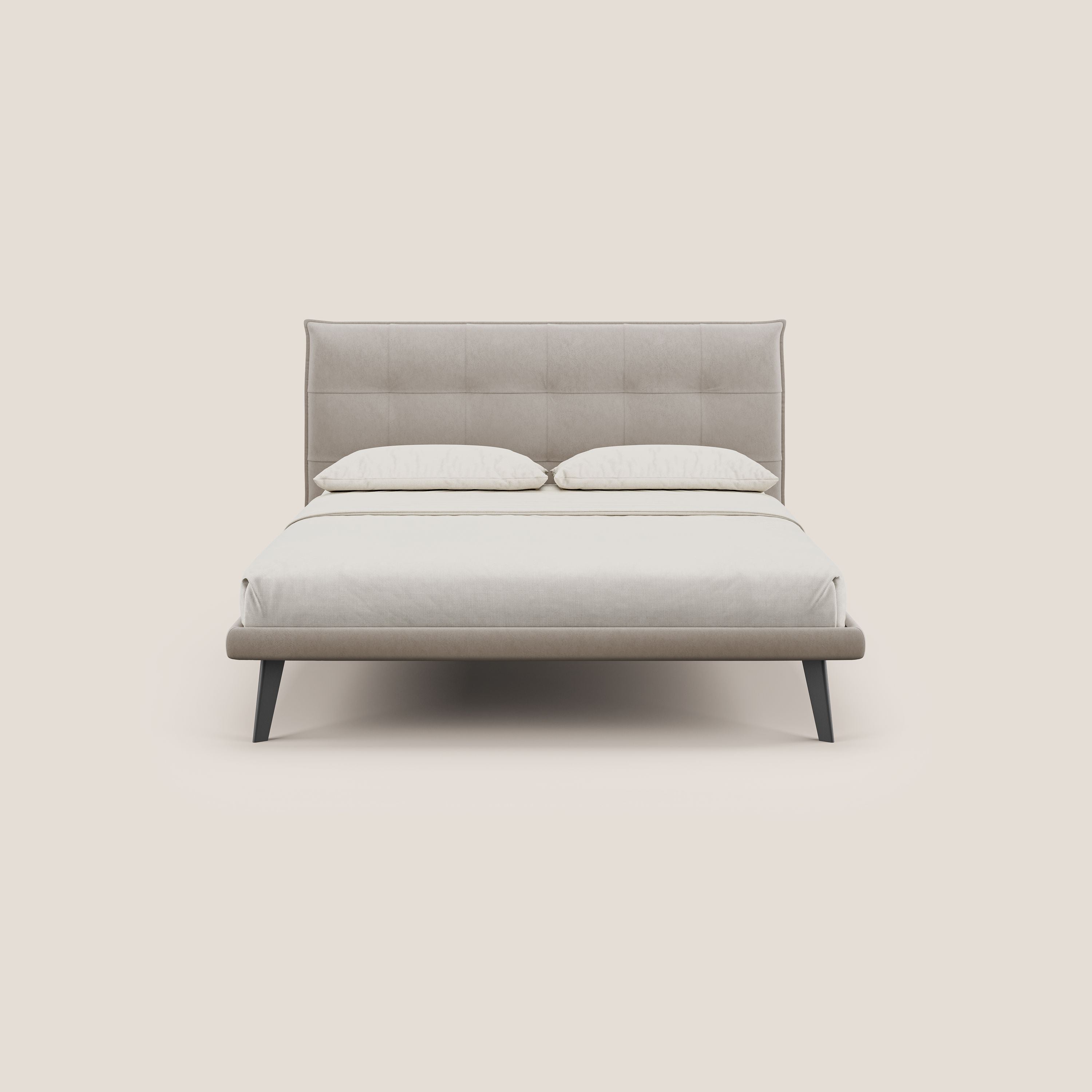 Brigitte letto con testata trapuntata piedi alti in mogano e tessuto impermeabile T09 tortora - divani.store