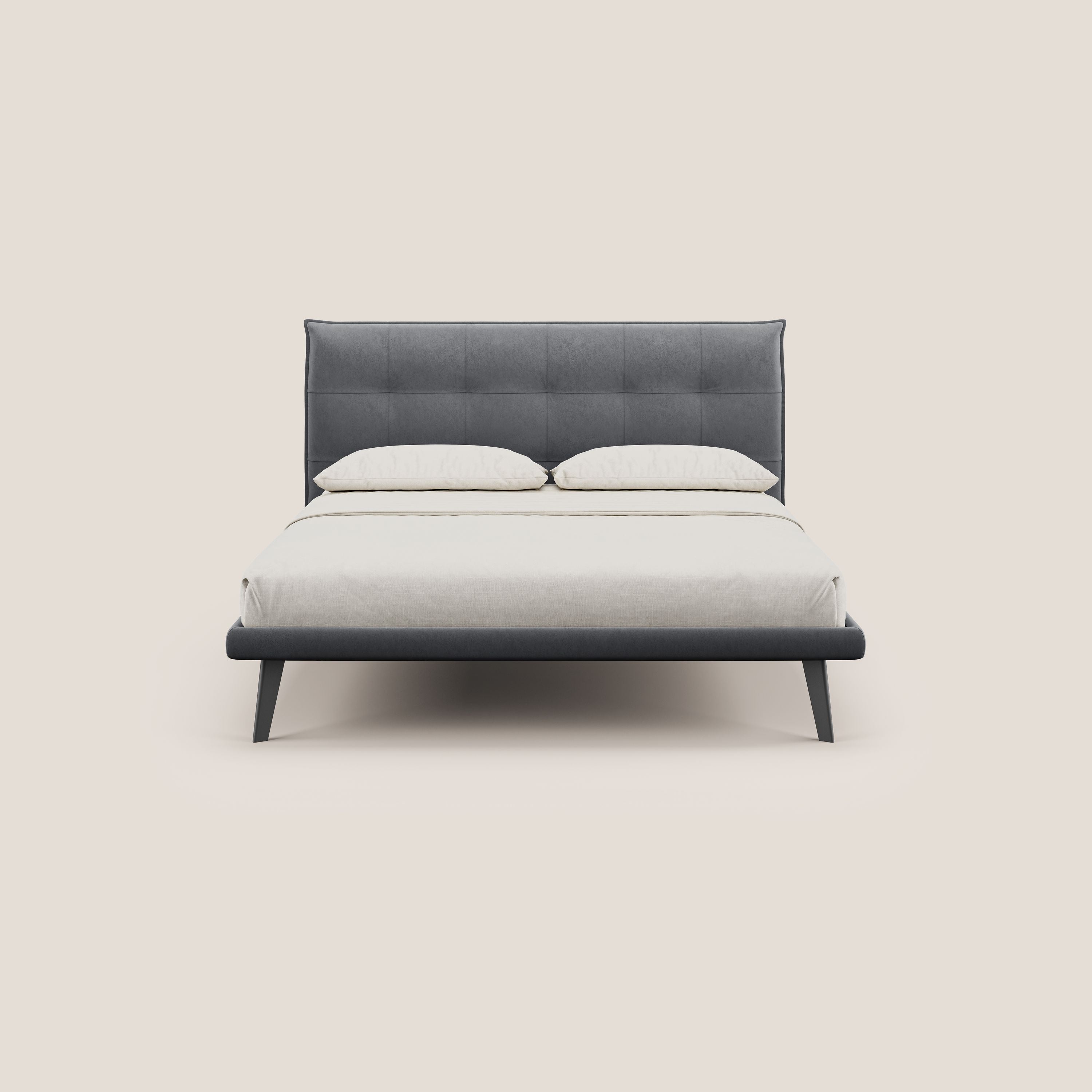 Brigitte letto con testata trapuntata piedi alti in mogano e tessuto impermeabile T09 grigio - divani.store