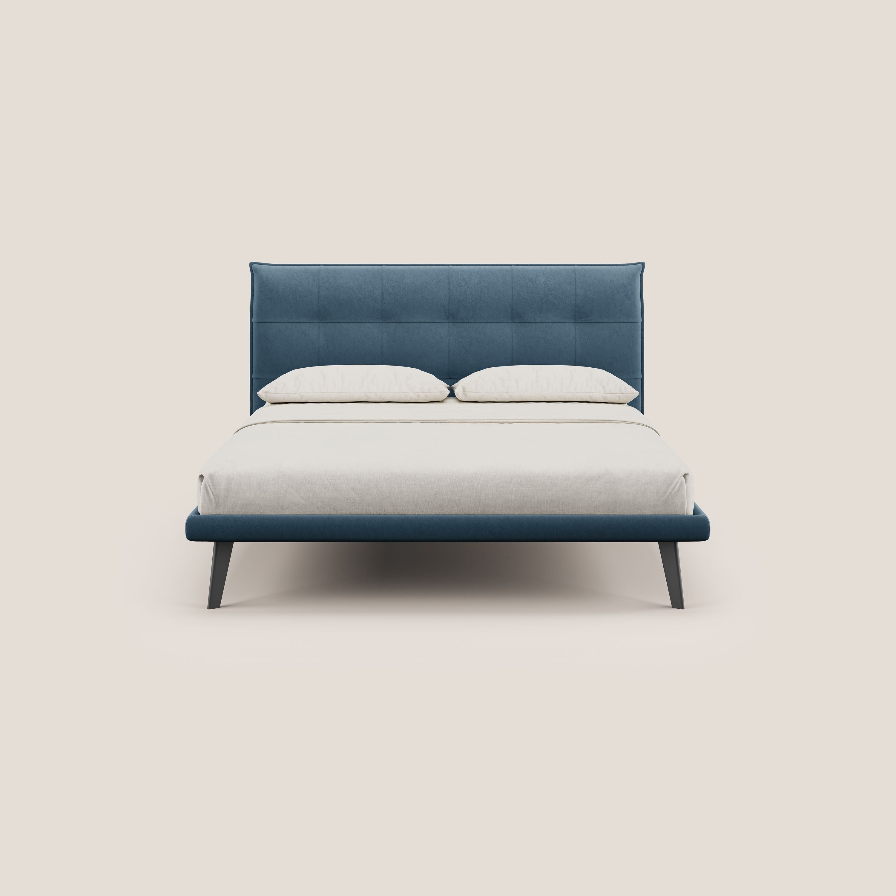 Brigitte letto con testata trapuntata piedi alti in mogano e tessuto impermeabile T09 blu - divani.store