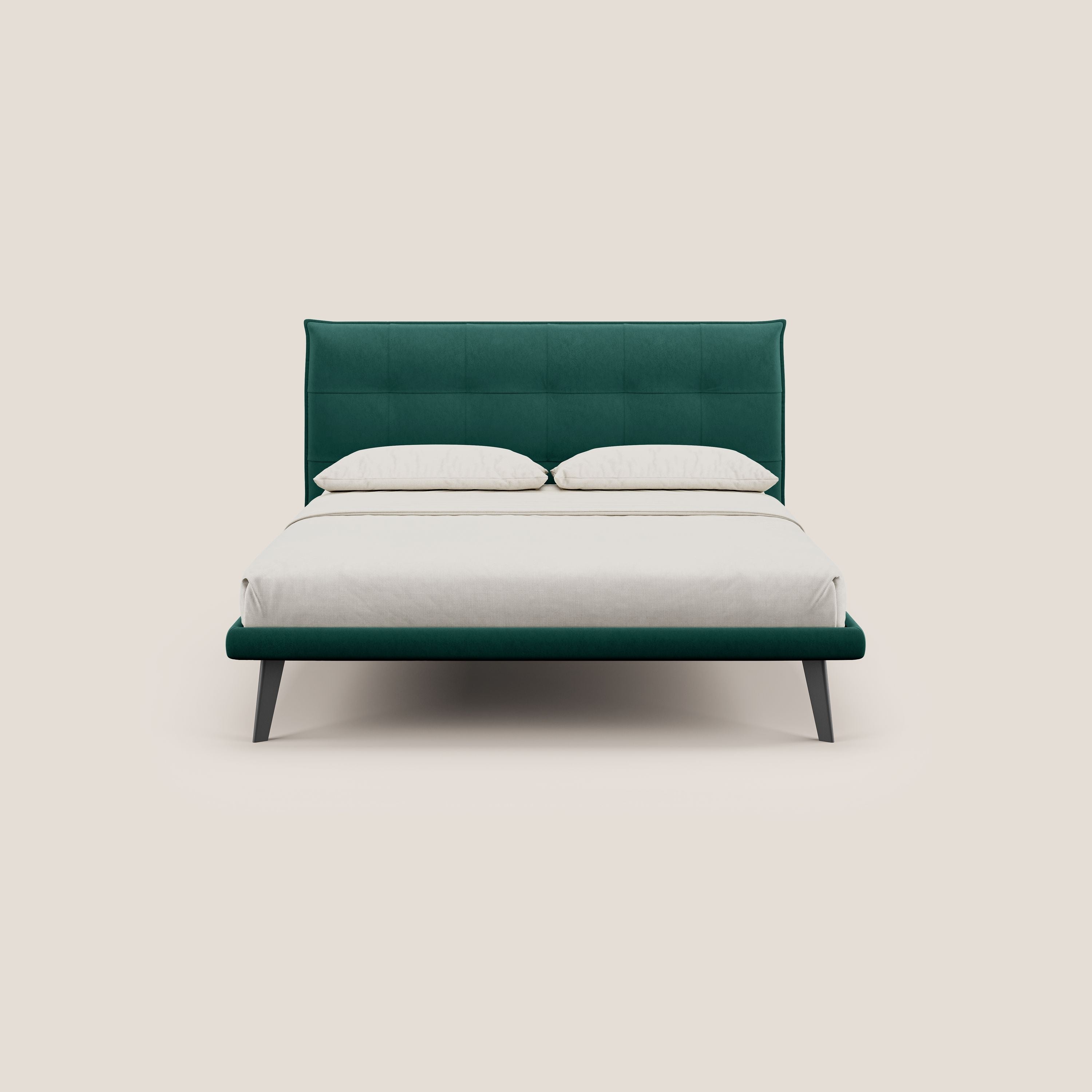 Brigitte letto con testata trapuntata piedi alti in mogano e tessuto impermeabile T09 verde - divani.store