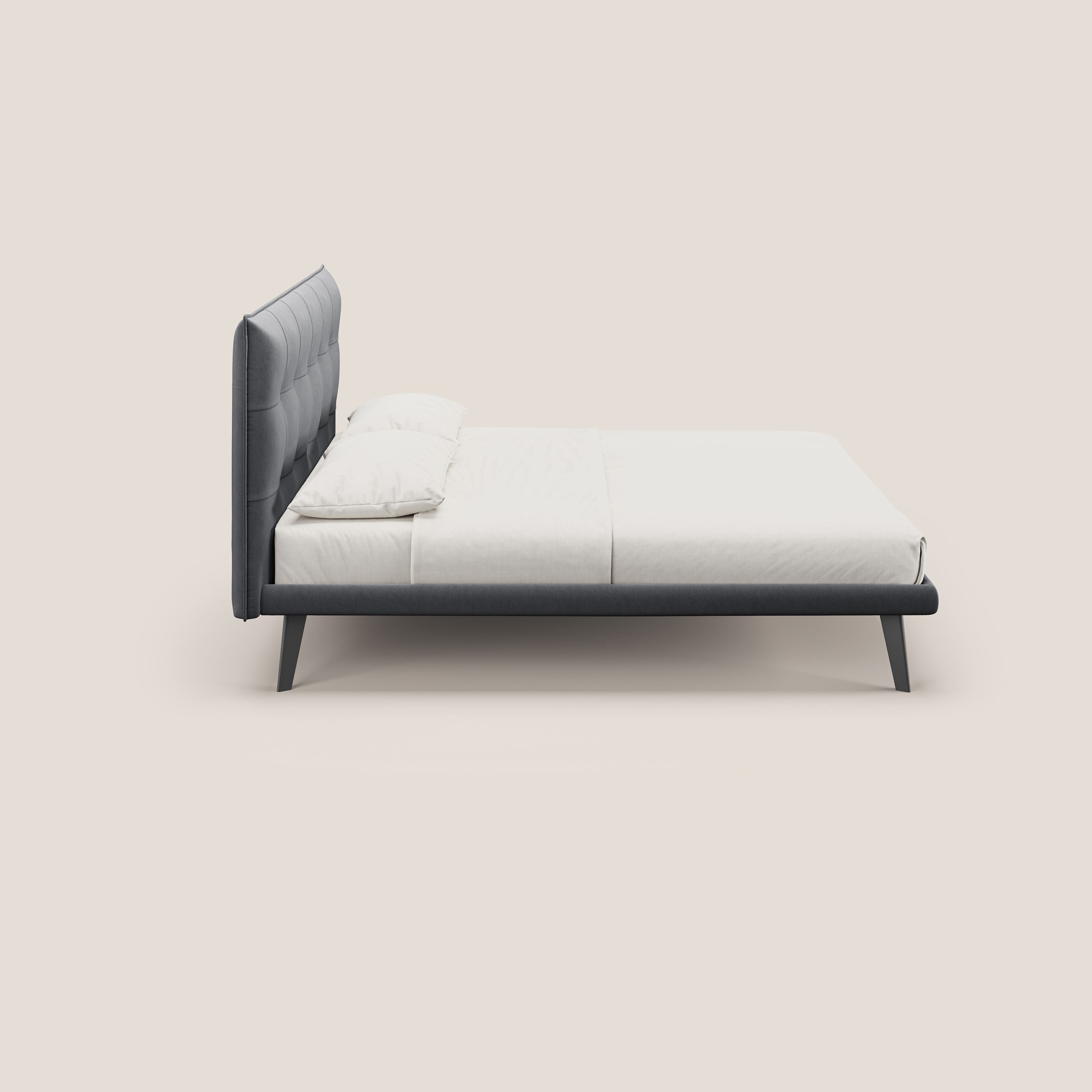 Brigitte letto con testata trapuntata piedi alti in mogano e tessuto impermeabile T09 grigio - divani.store