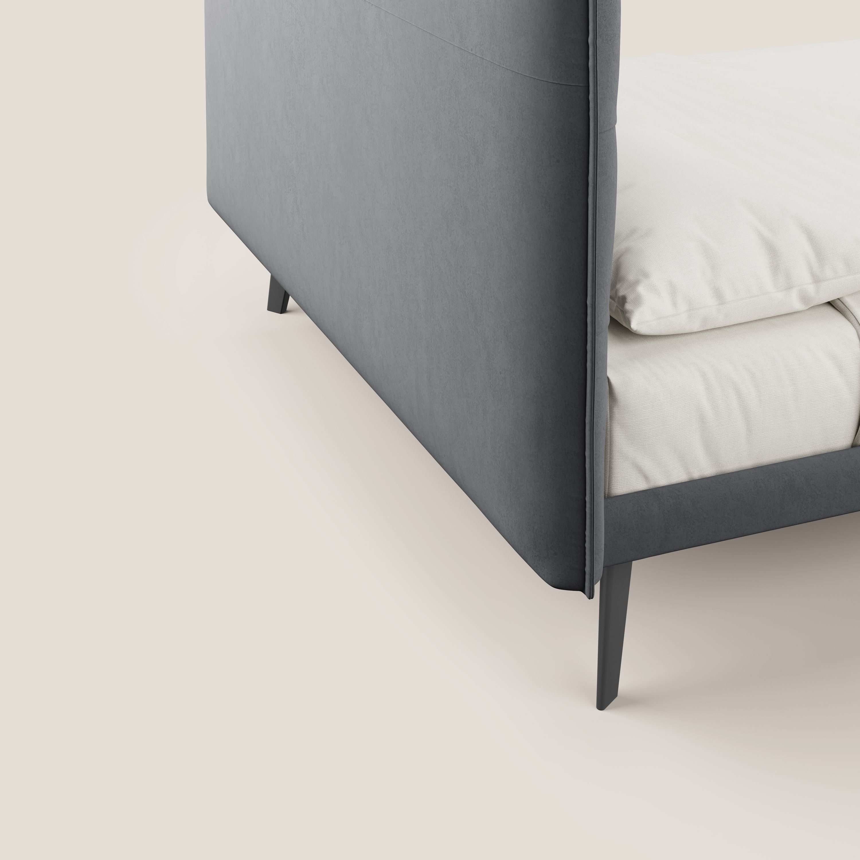 Brigitte letto con testata trapuntata piedi alti in mogano e tessuto impermeabile T09 grigio - divani.store