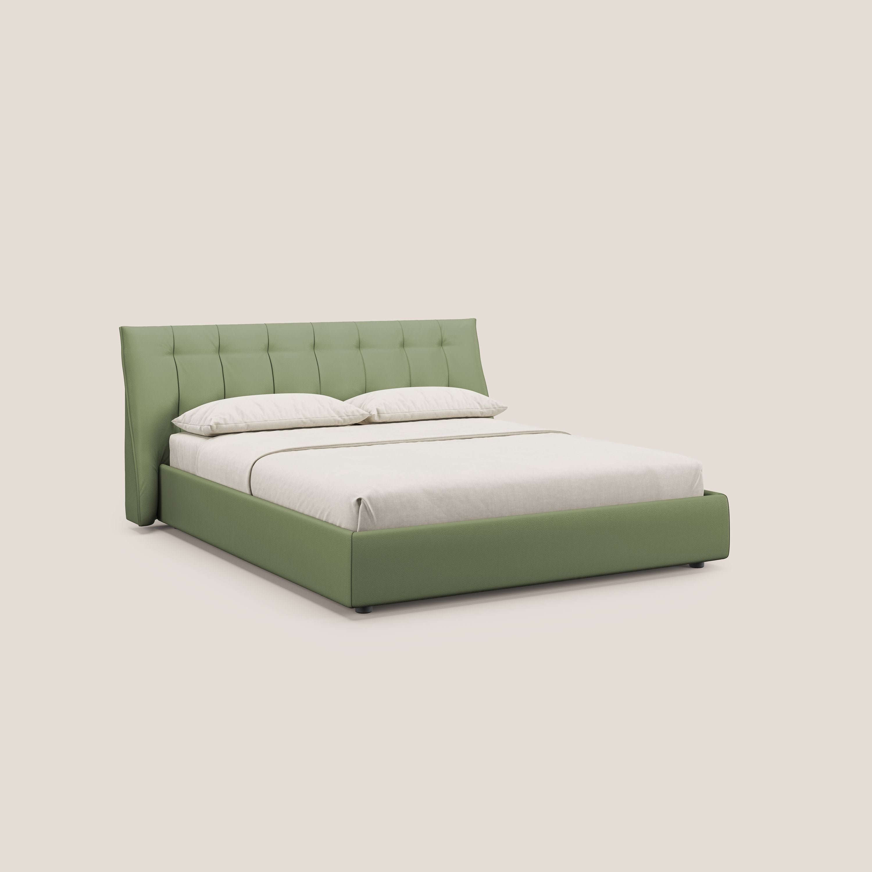 Clizia letto imbottito di design con vano contenitore in ecopelle impermeabile T04 verde - divani.store