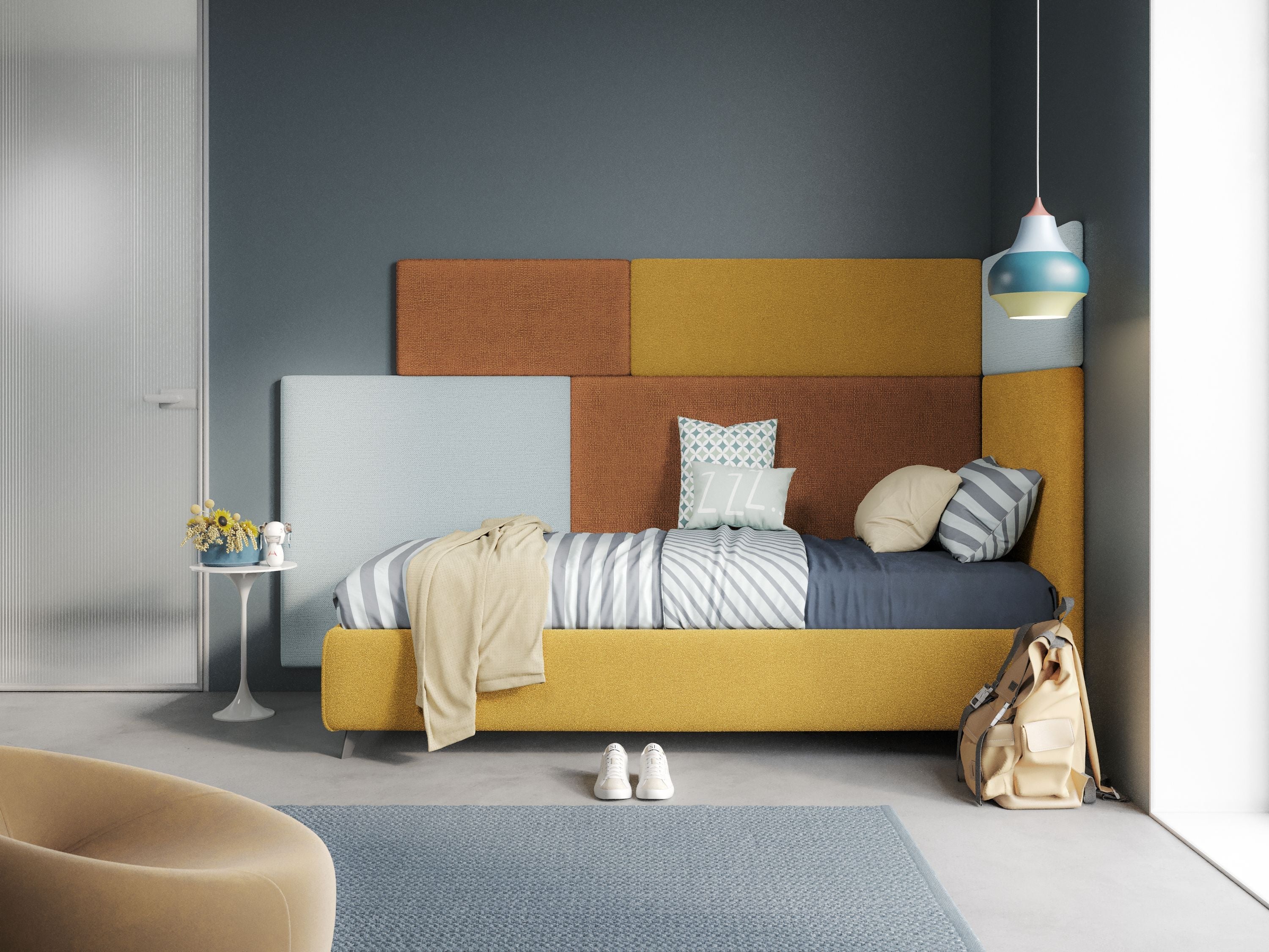 Testata pannello a muro piccola di varie dimensioni in microfibra smacchiabile T11 giallo - divani.store