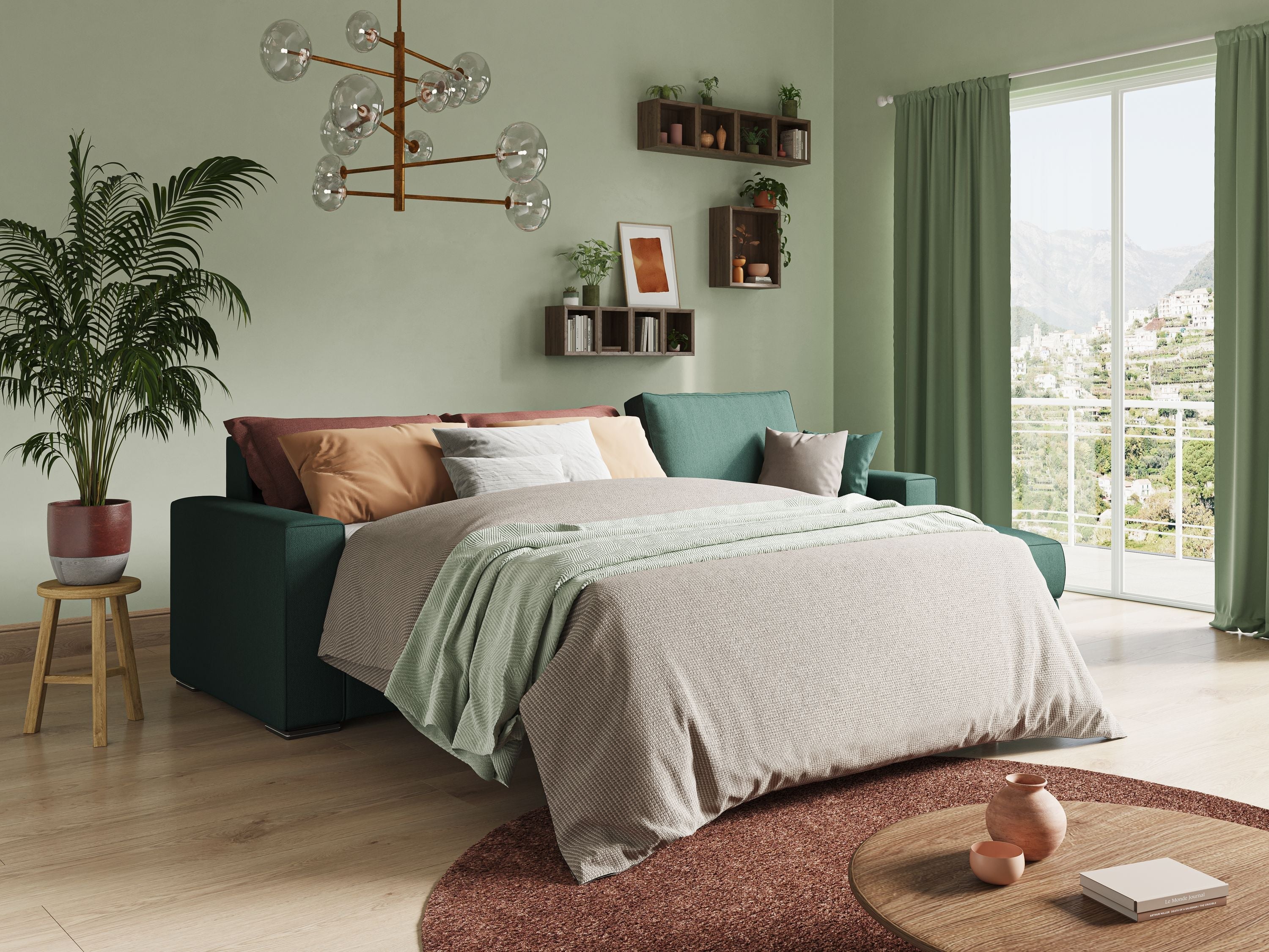 Dream Divano letto angolare in tessuto smacchiabile T05 verde - divani.store