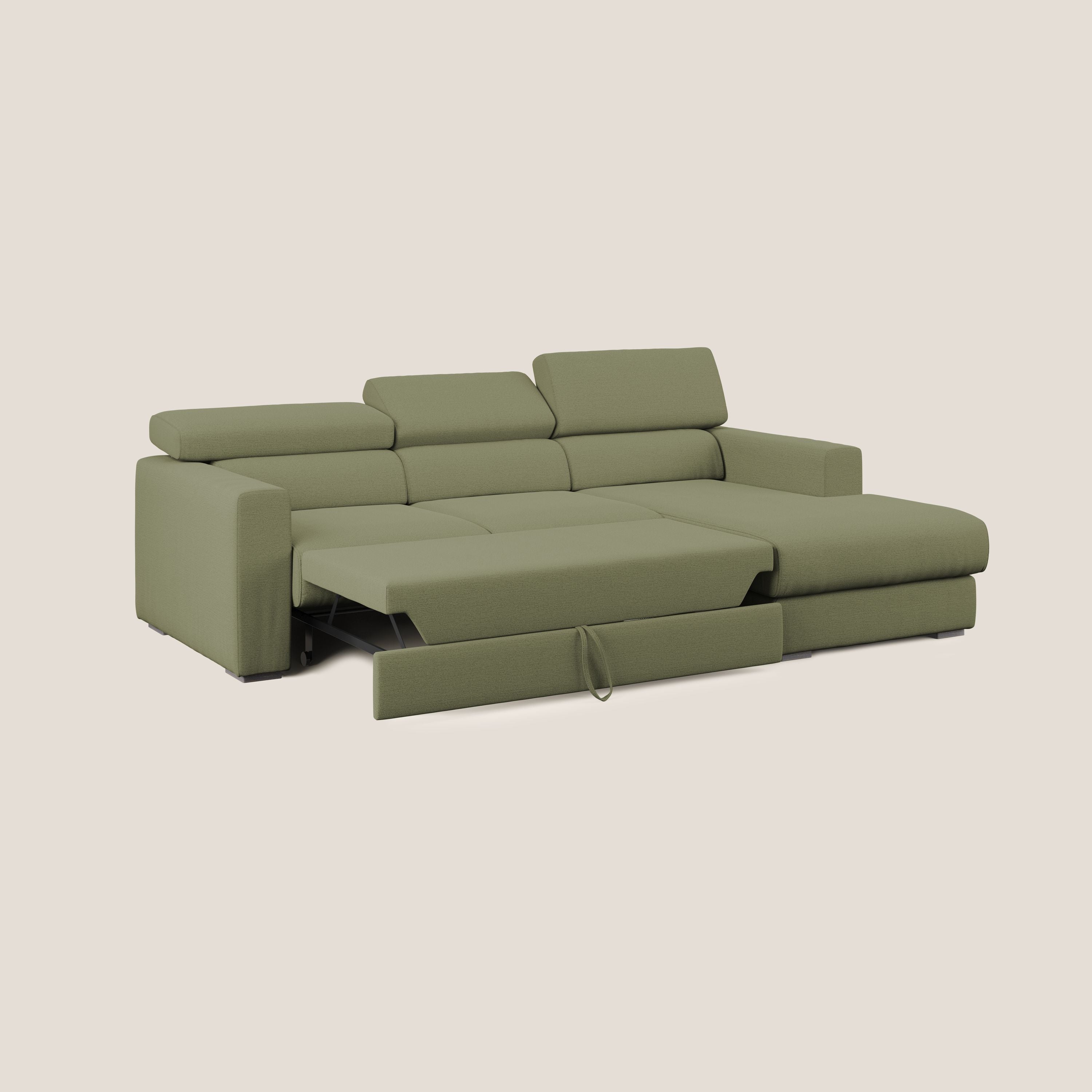 Dylan divano angolare con estraibile a cassettone in tessuto fiammato simil cotone impermeabile T19 verde - divani.store