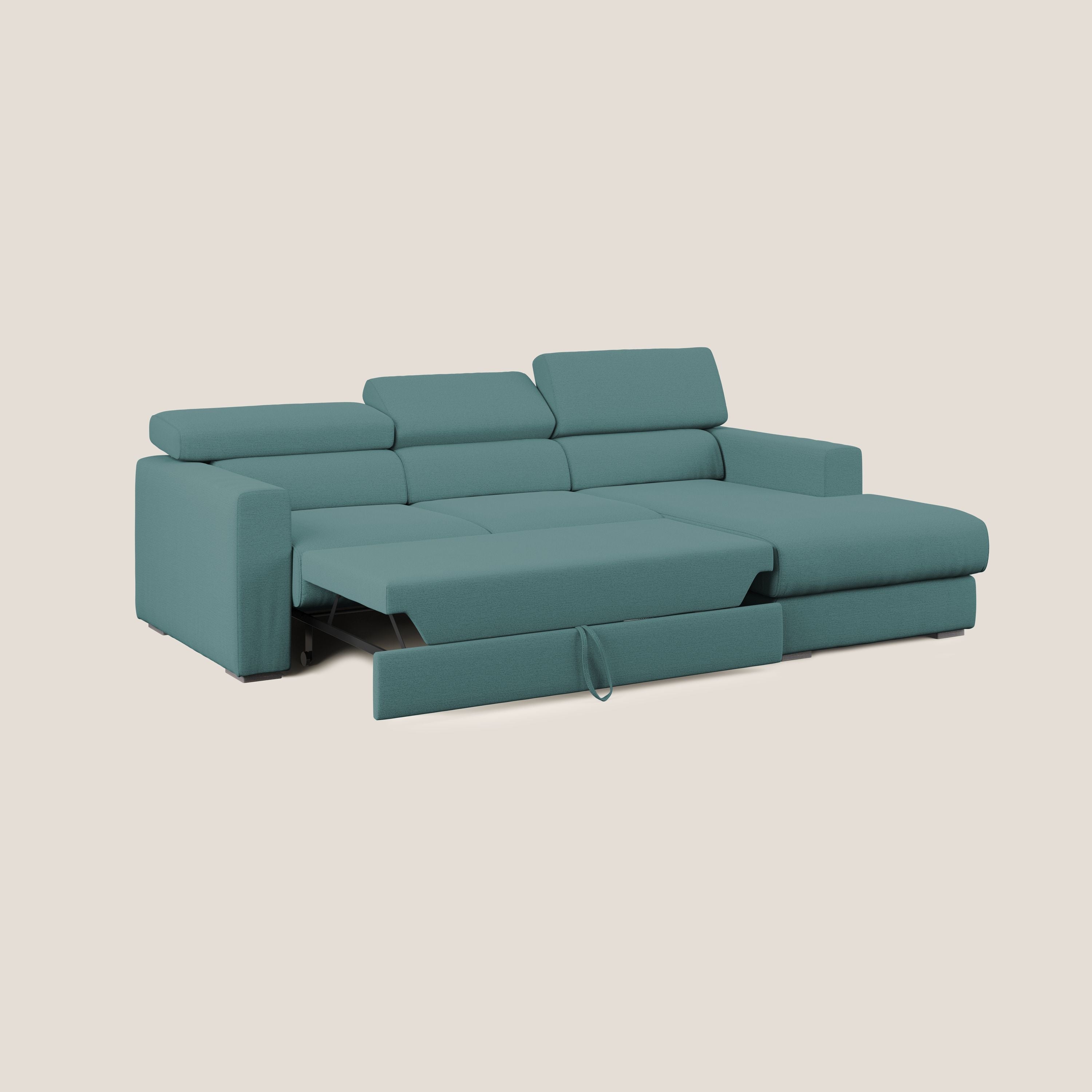 Dylan divano angolare con estraibile a cassettone in tessuto fiammato simil cotone impermeabile T19 petrolio - divani.store