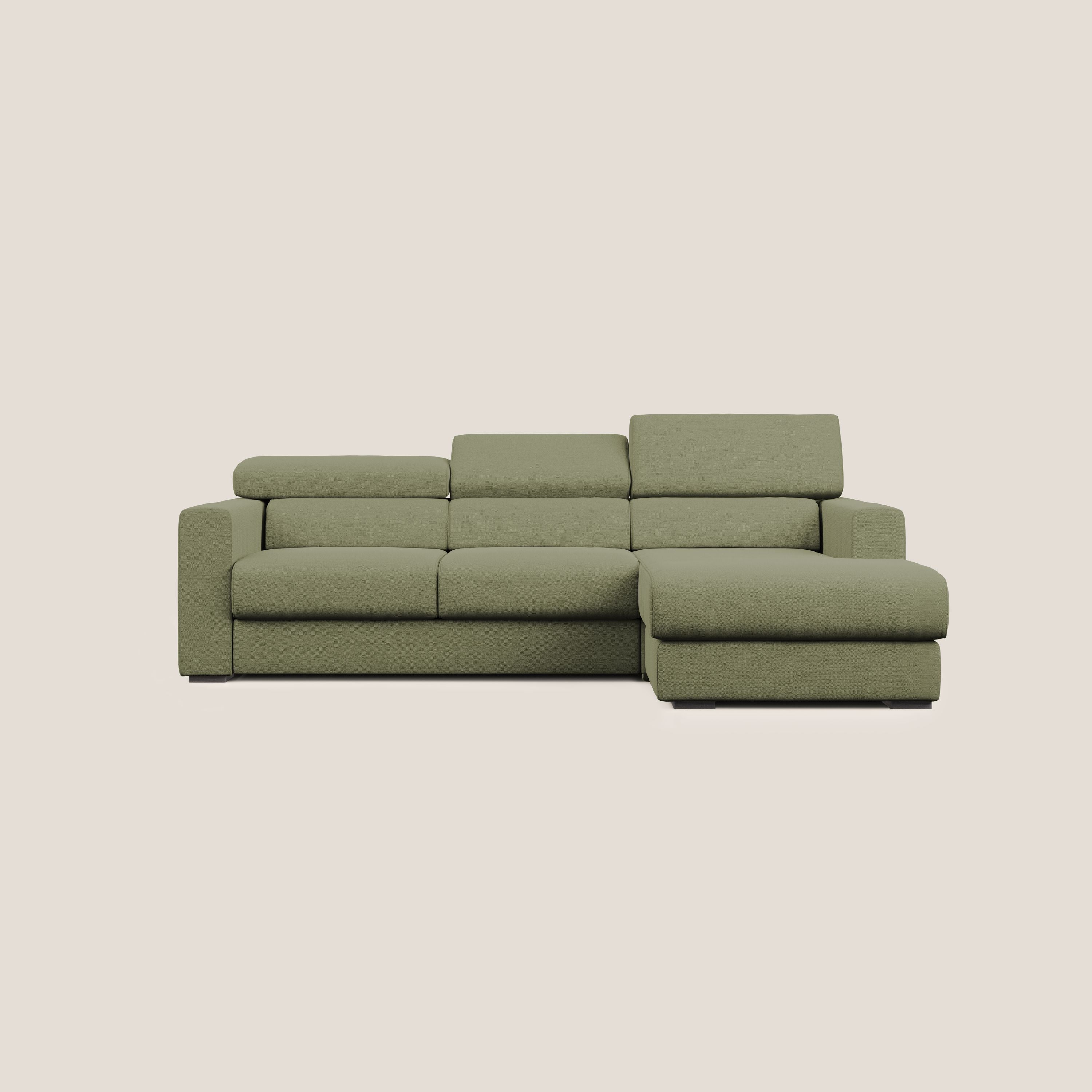 Dylan divano angolare con estraibile a cassettone in tessuto fiammato simil cotone impermeabile T19 verde - divani.store