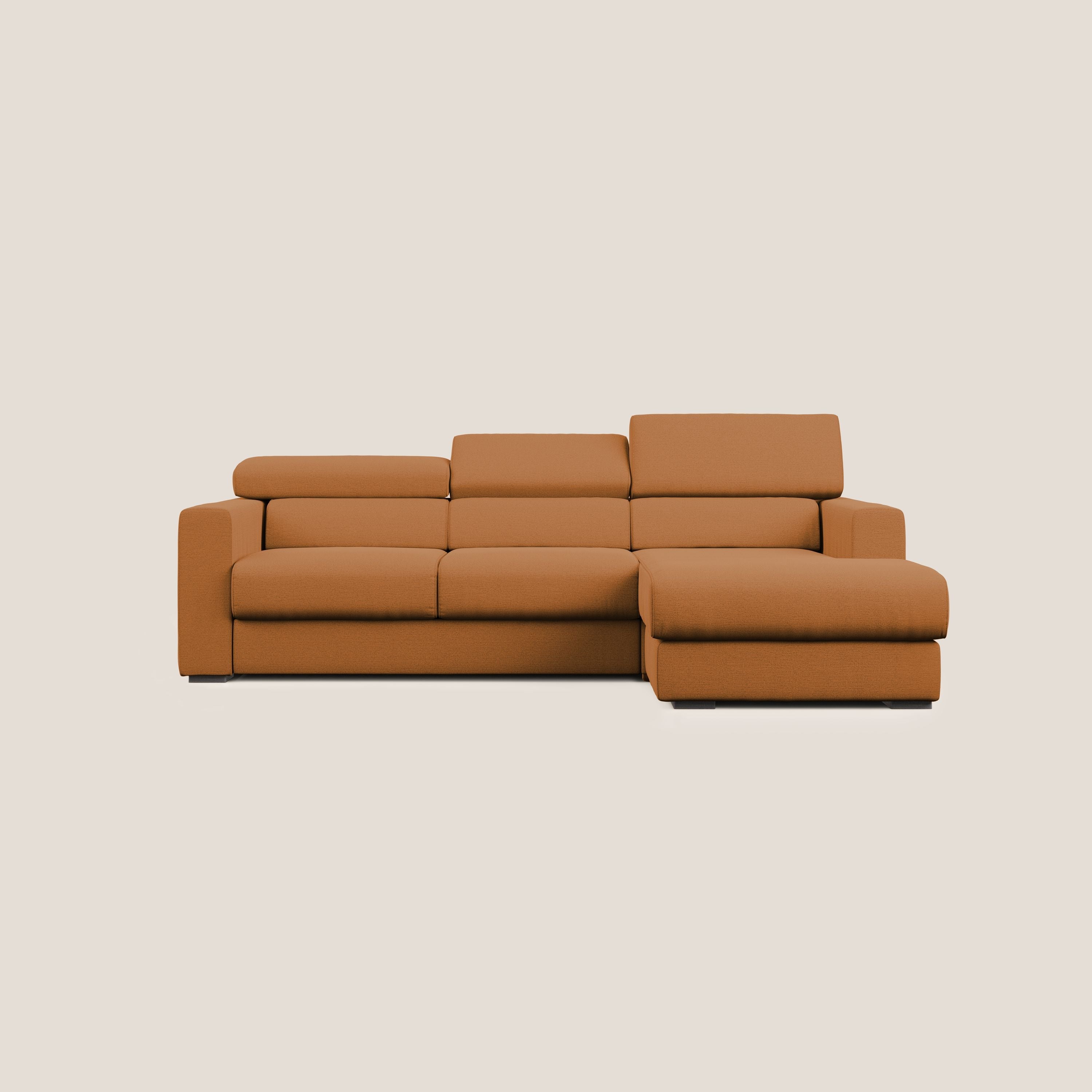 Dylan divano angolare con estraibile a cassettone in tessuto fiammato simil cotone impermeabile T19 arancio - divani.store