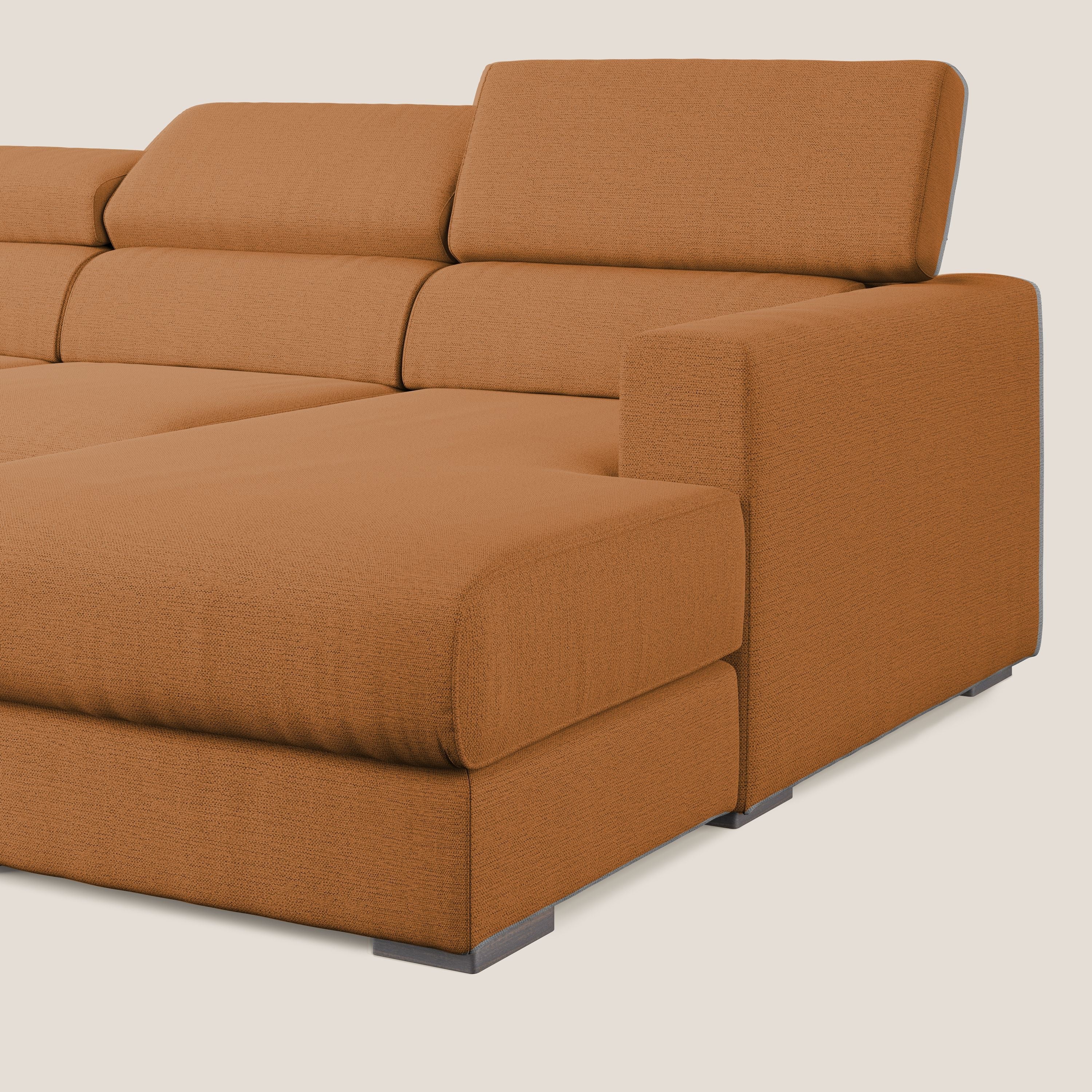 Dylan divano angolare con estraibile a cassettone in tessuto fiammato simil cotone impermeabile T19 arancio - divani.store