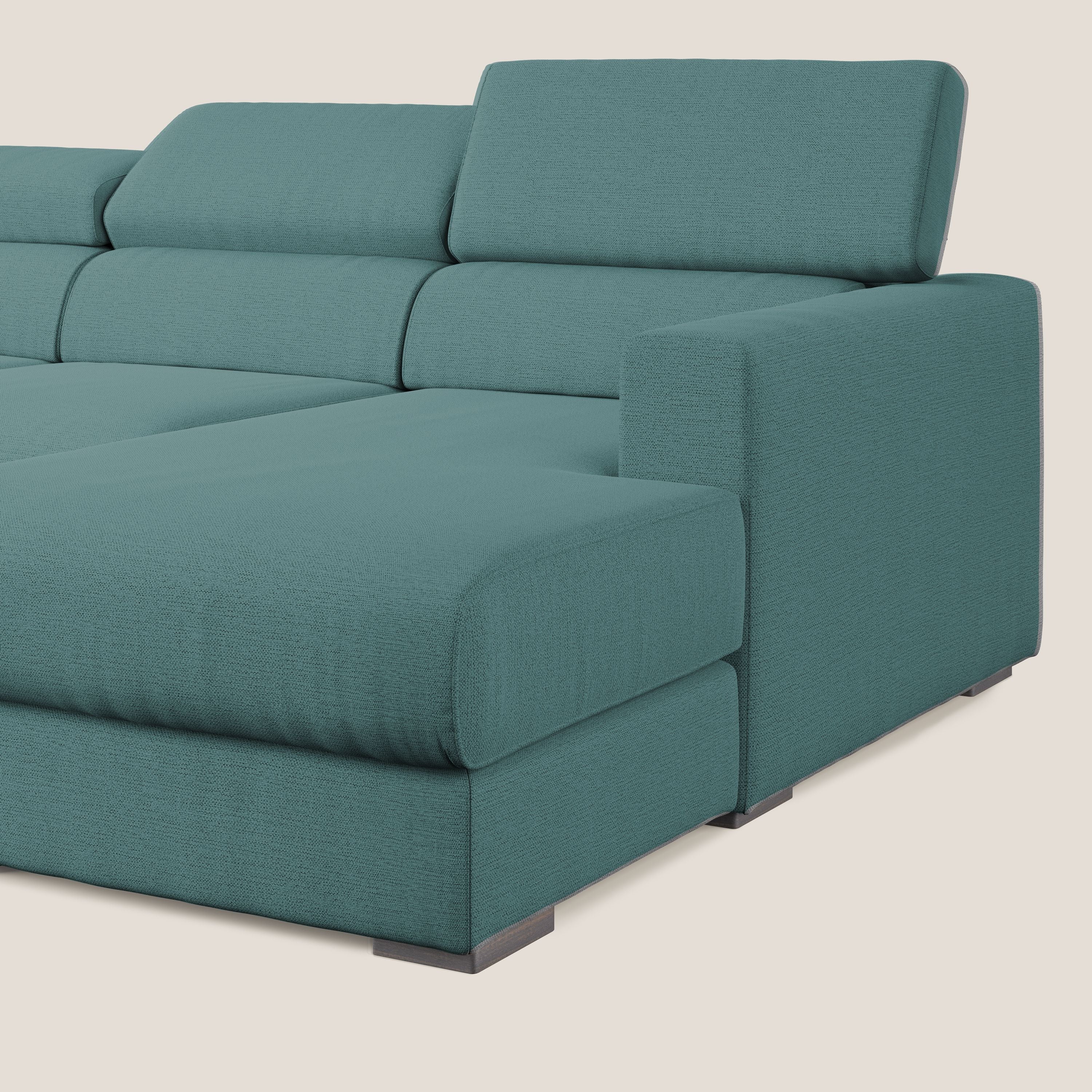 Dylan divano angolare con estraibile a cassettone in tessuto fiammato simil cotone impermeabile T19 petrolio - divani.store