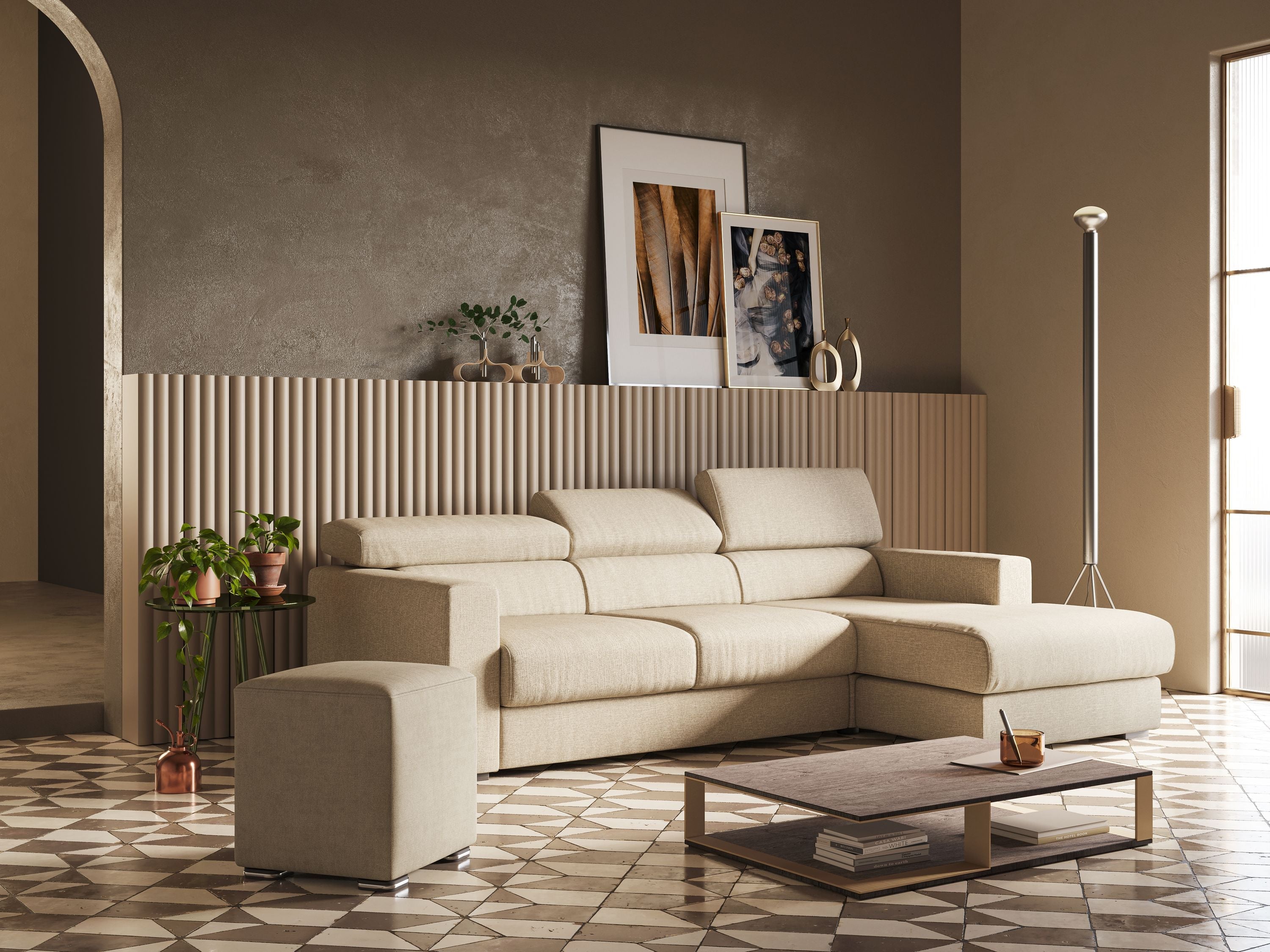 Dylan divano angolare con pouf estraibile poggiapiedi in tessuto simil cotone impermeabile T13 beige - divani.store