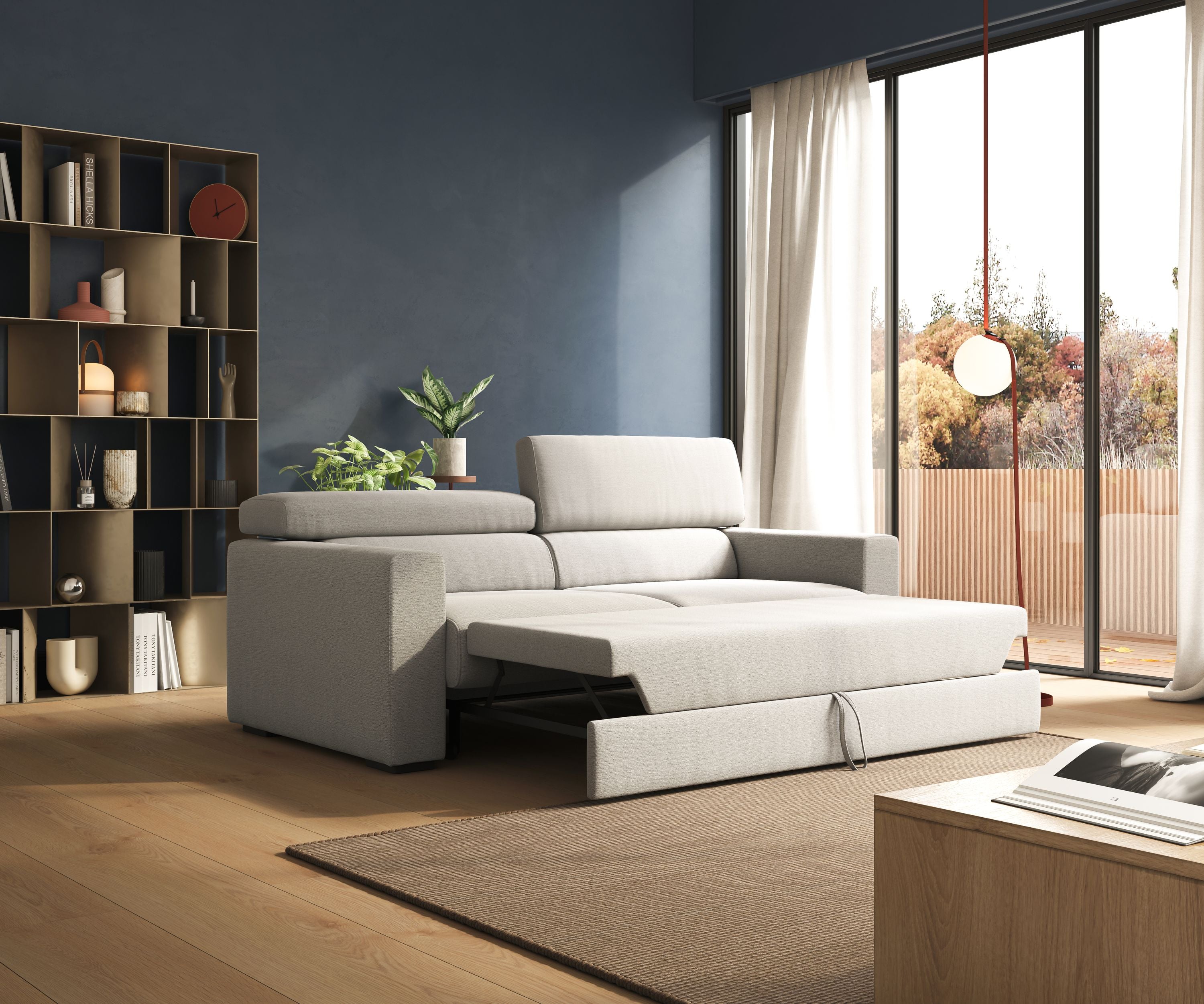 Dylan divano allungabile con pouf estraibile poggiapiedi in tessuto fiammato simil cotone impermeabile T19 panna - divani.store