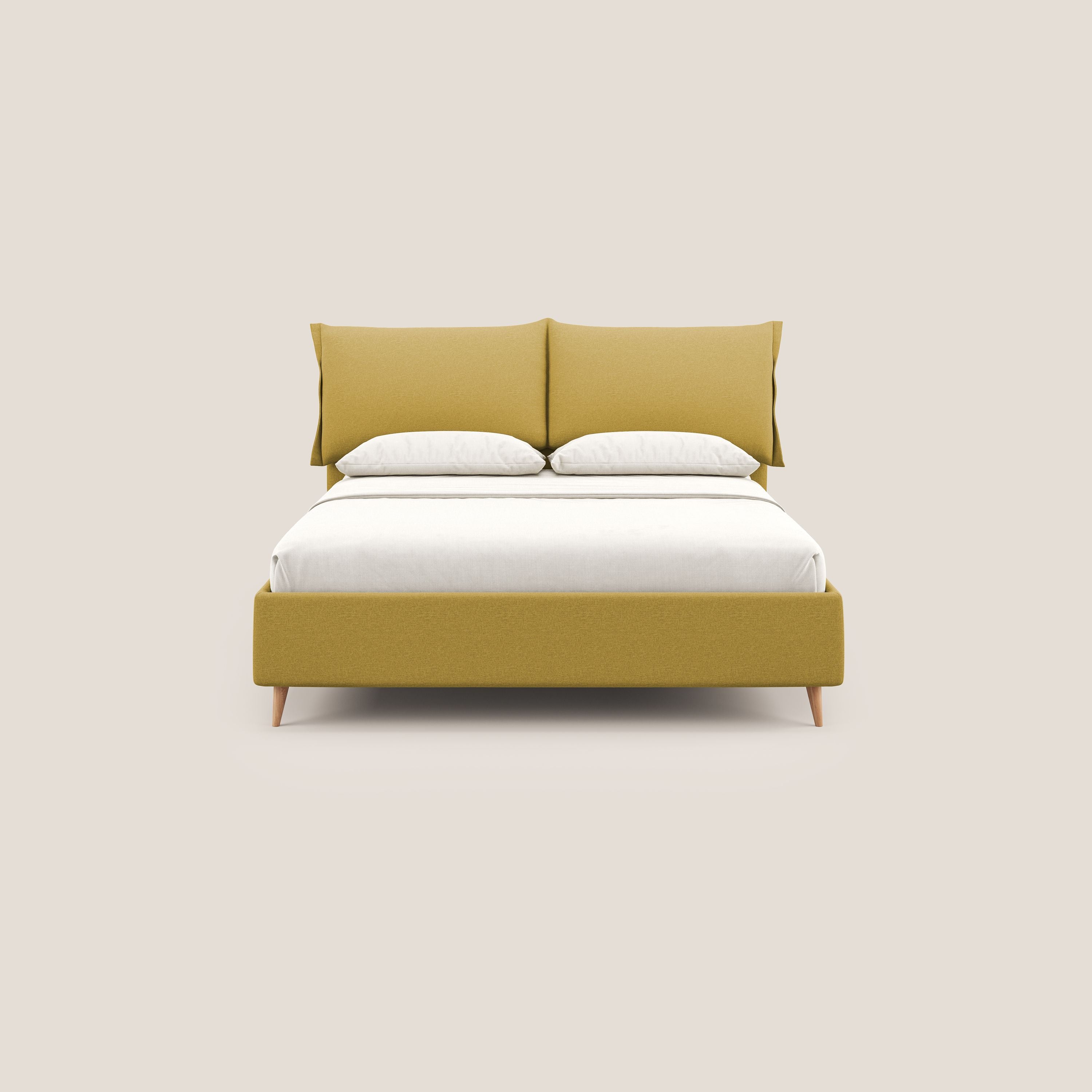 Elettra letto contenitore imbottito e sfoderabile con cuscini testata in tessuto impermeabile T13 giallo - divani.store
