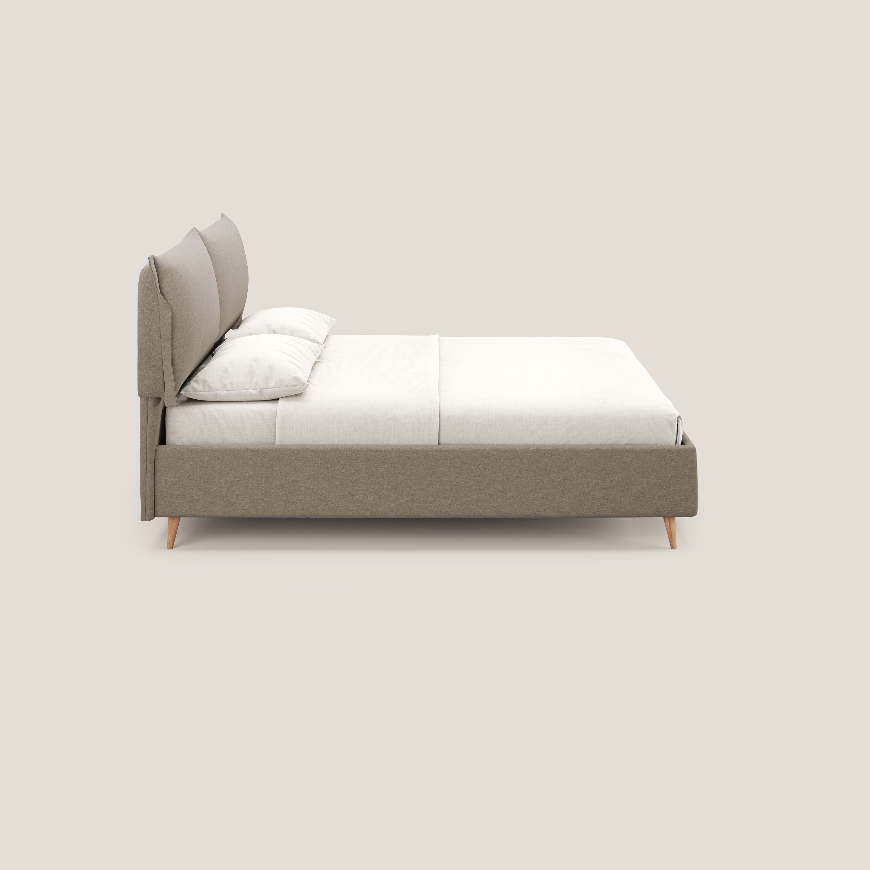 Elettra letto contenitore imbottito e sfoderabile con cuscini testata in tessuto impermeabile T13 beige - divani.store