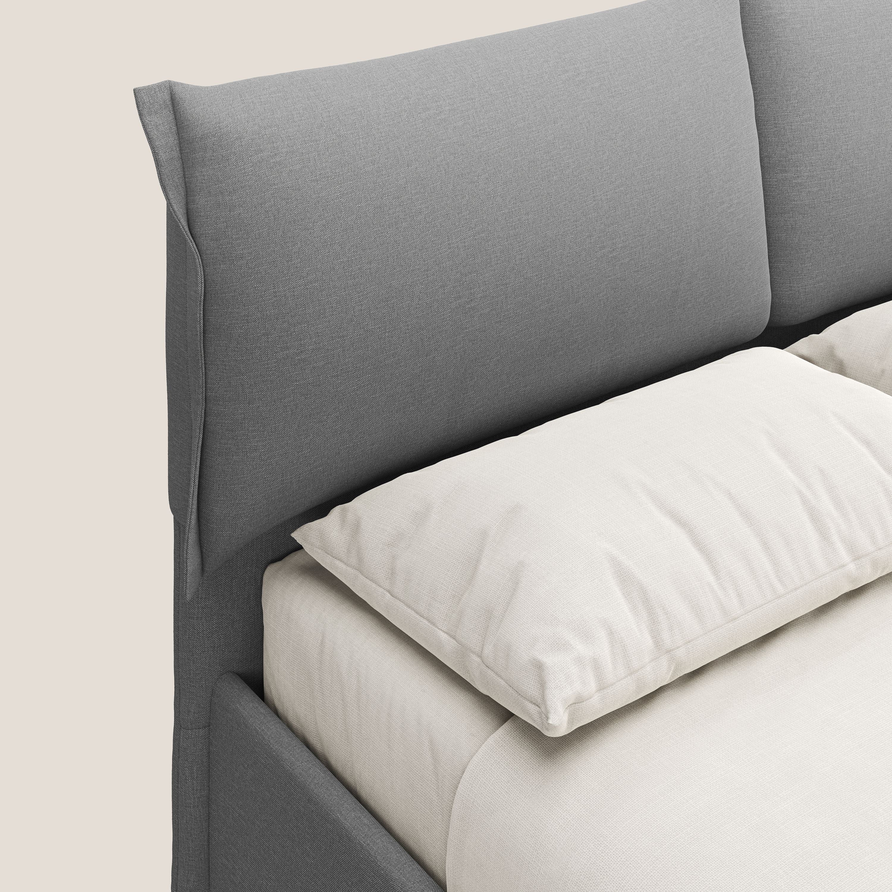 Elettra letto contenitore imbottito e sfoderabile con cuscini testata in tessuto impermeabile T13 grigio - divani.store
