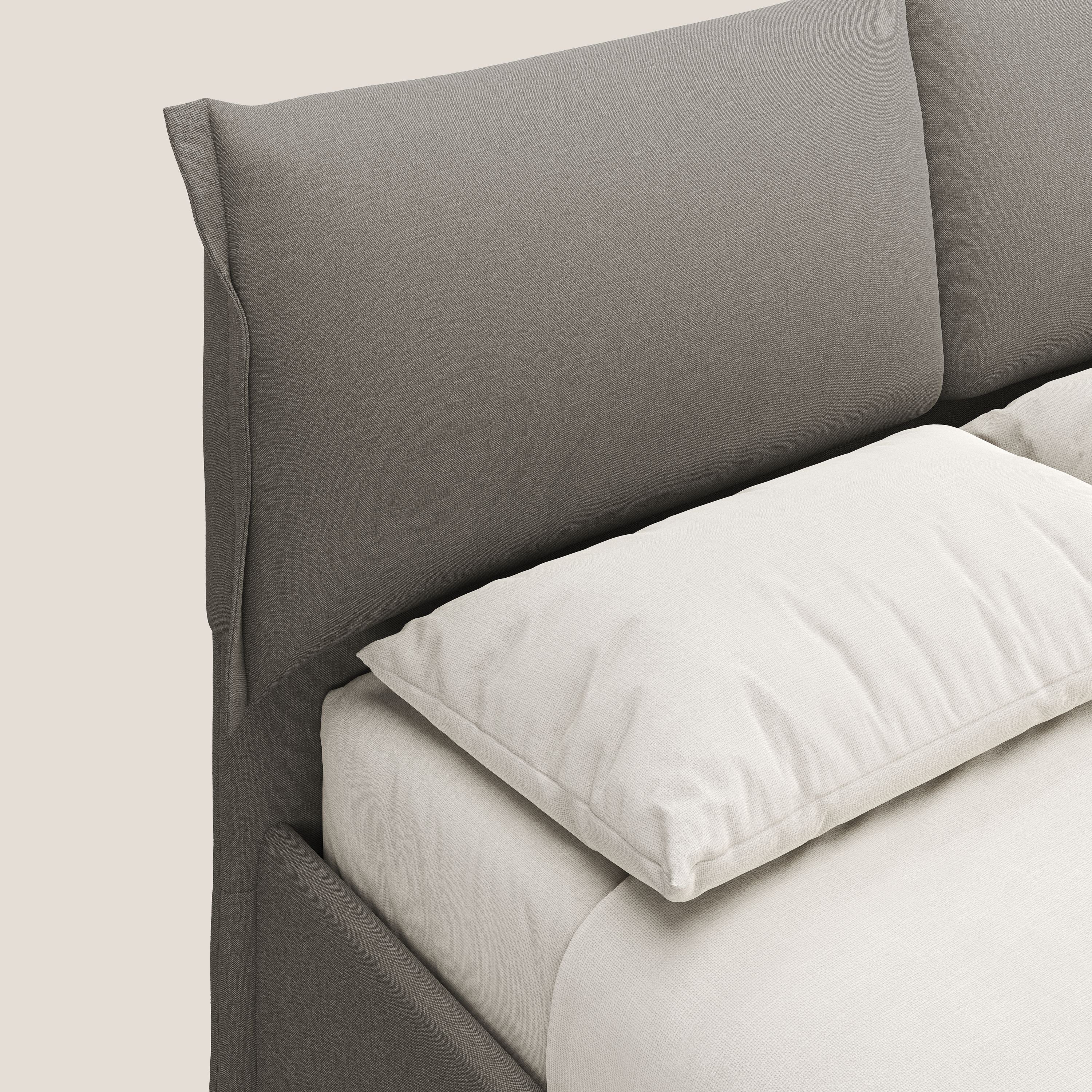 Elettra letto contenitore imbottito e sfoderabile con cuscini testata in tessuto impermeabile T13 tortora - divani.store