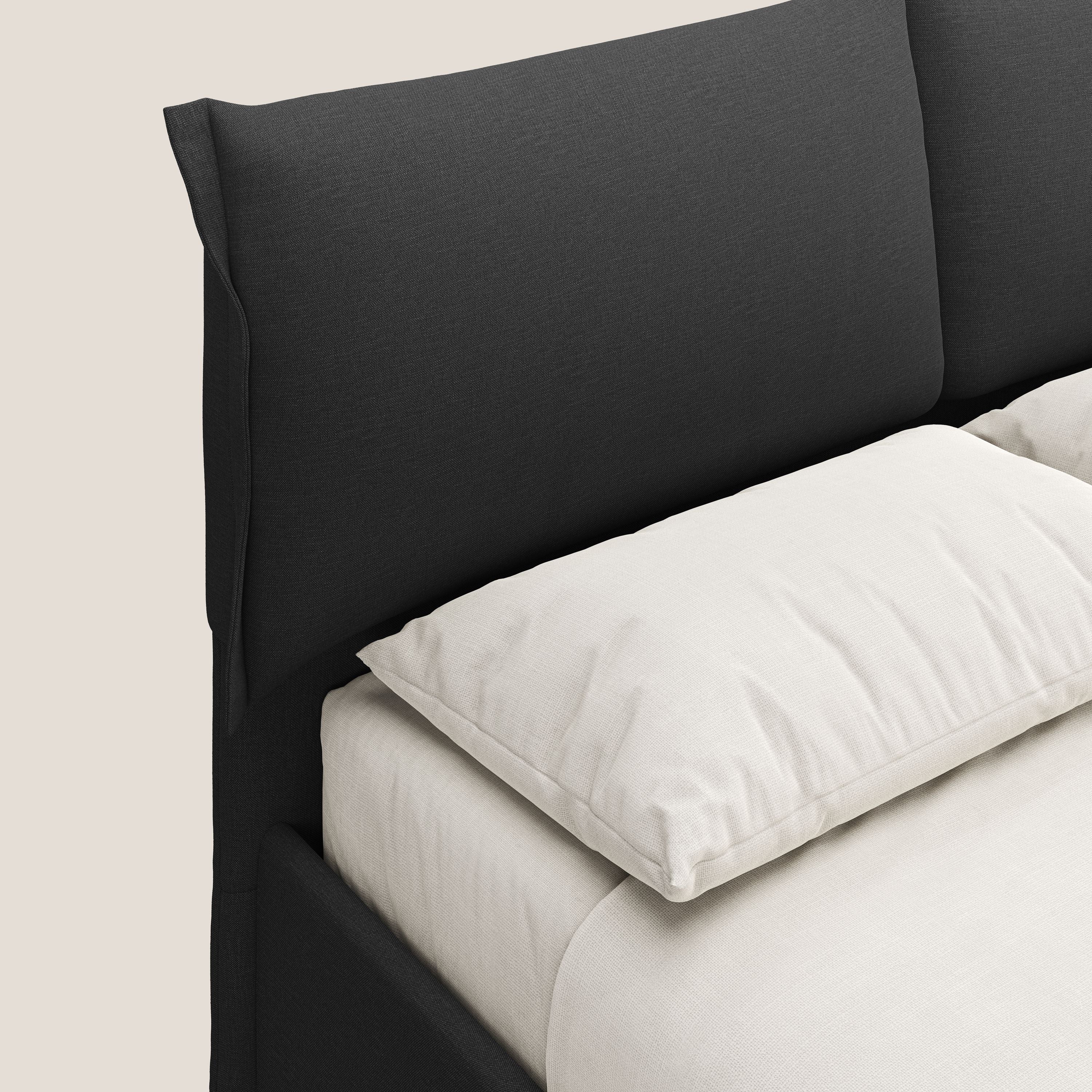 Elettra letto contenitore imbottito e sfoderabile con cuscini testata in tessuto impermeabile T13 antracite - divani.store