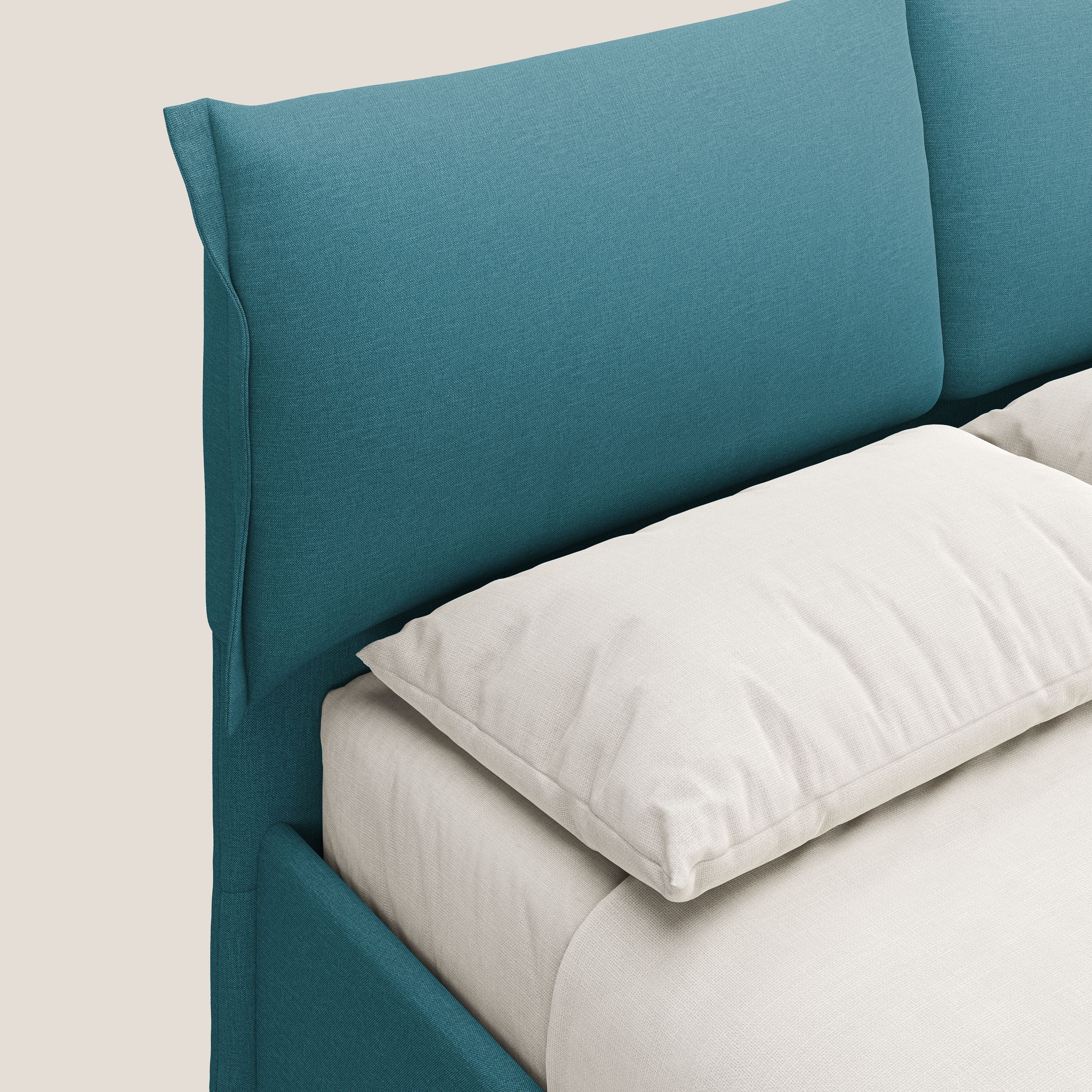 Elettra letto contenitore imbottito e sfoderabile con cuscini testata in tessuto impermeabile T13 azzurro - divani.store