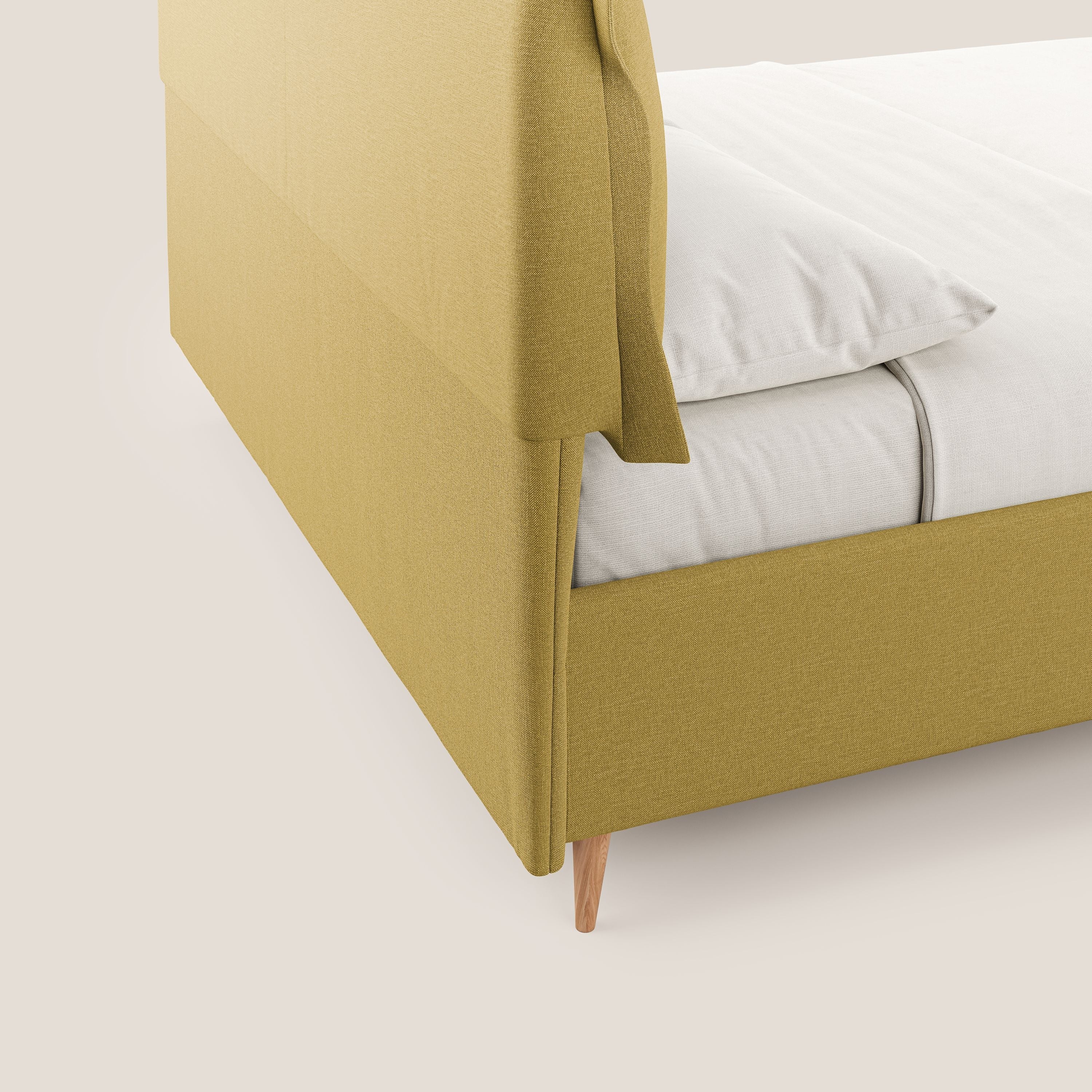 Elettra letto contenitore imbottito e sfoderabile con cuscini testata in tessuto impermeabile T13 giallo - divani.store