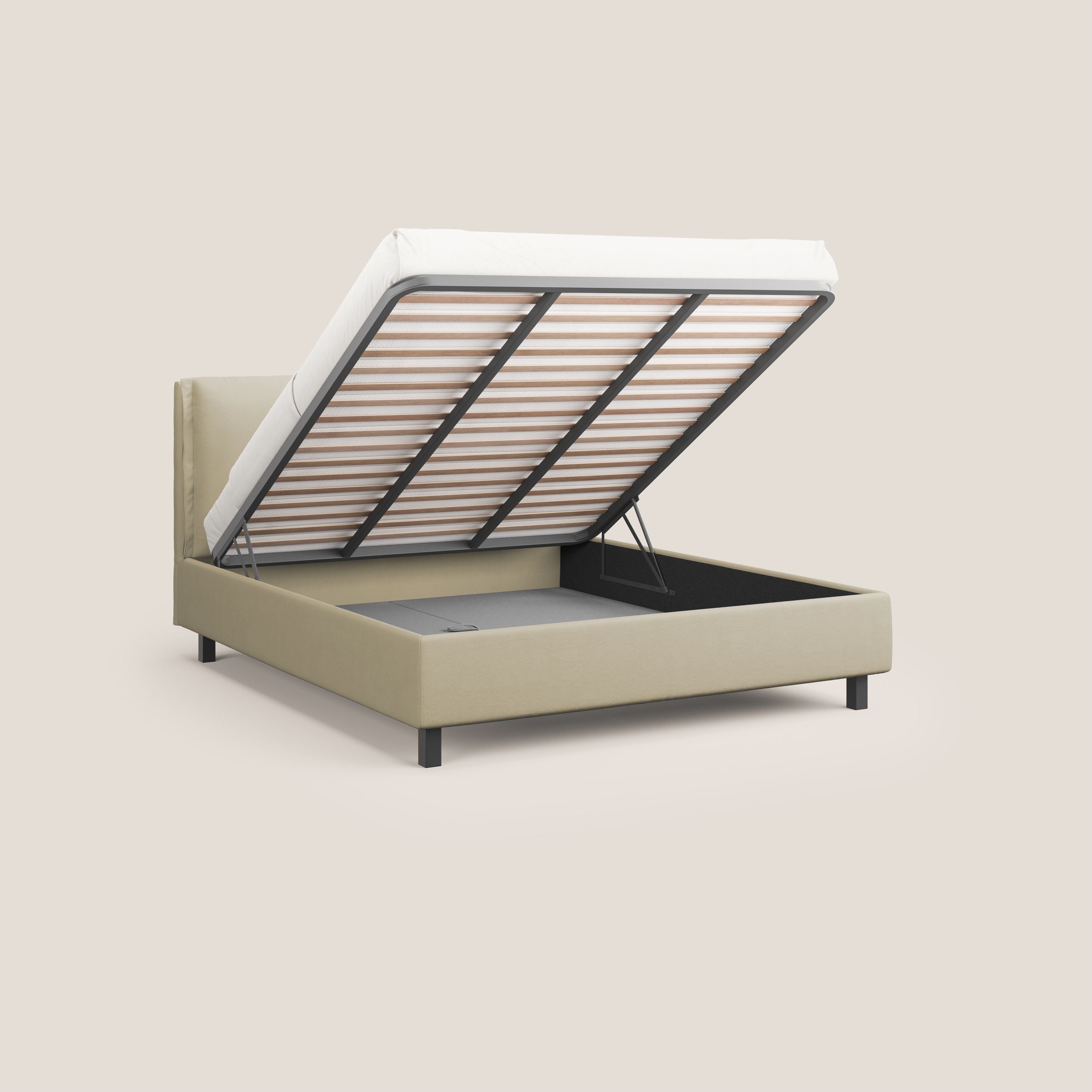 Emma letto contenitore con cuscini mobili in microfibra smacchiabile T11 panna - divani.store