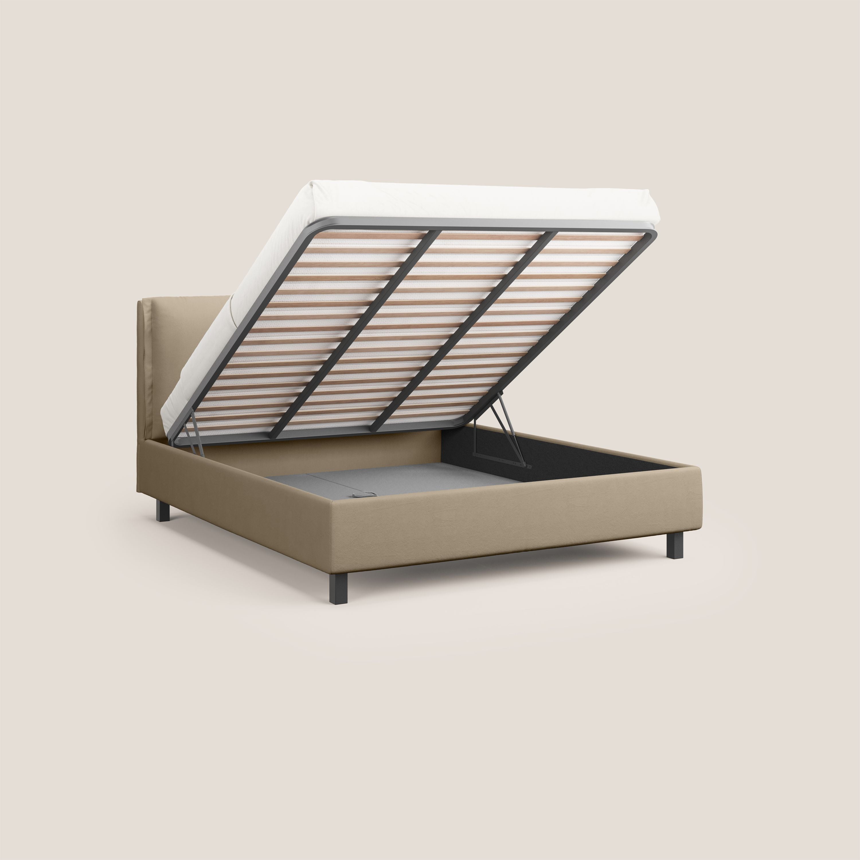 Emma letto contenitore con cuscini mobili in microfibra smacchiabile T11 tortora - divani.store