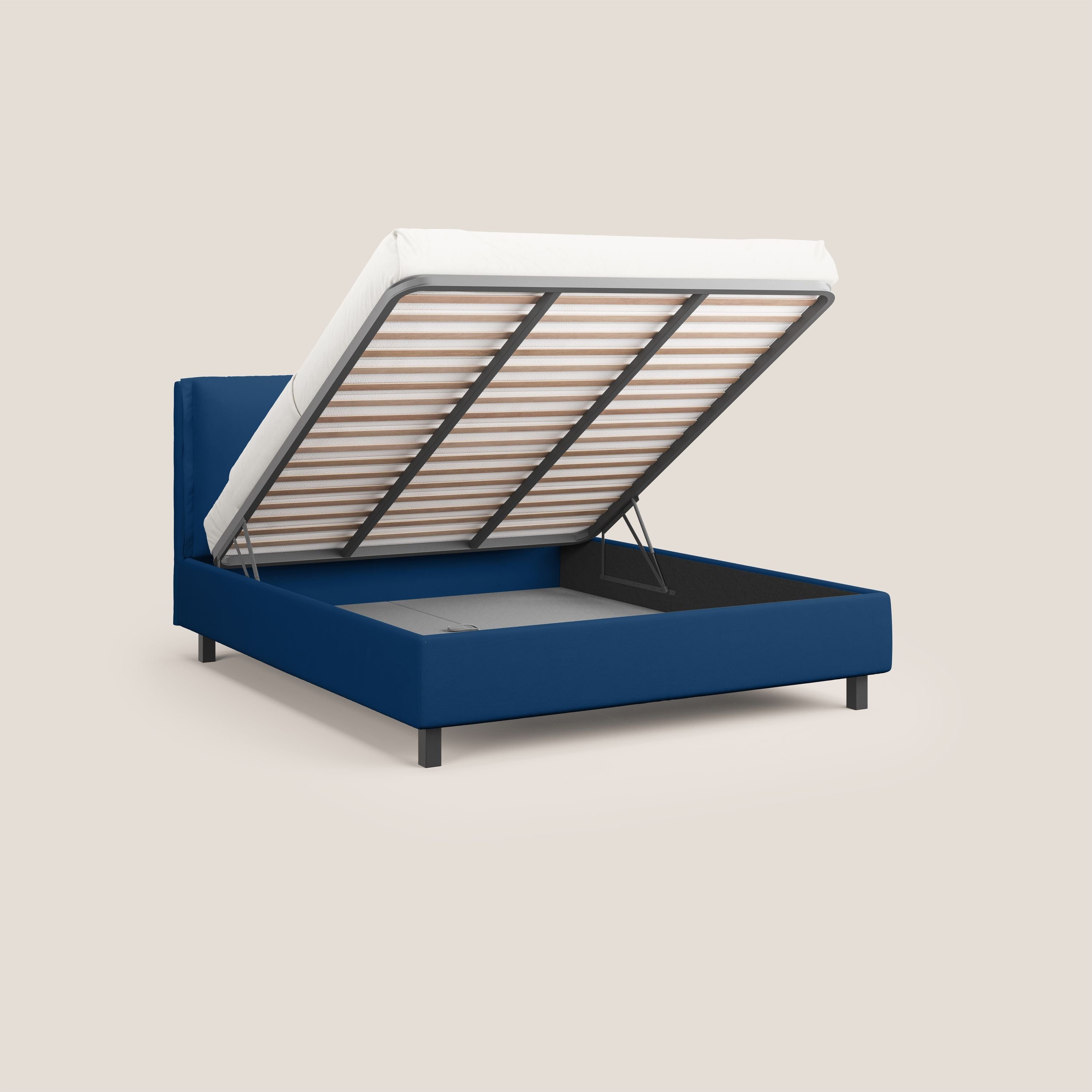 Emma letto contenitore con cuscini mobili in microfibra smacchiabile T11 blu - divani.store