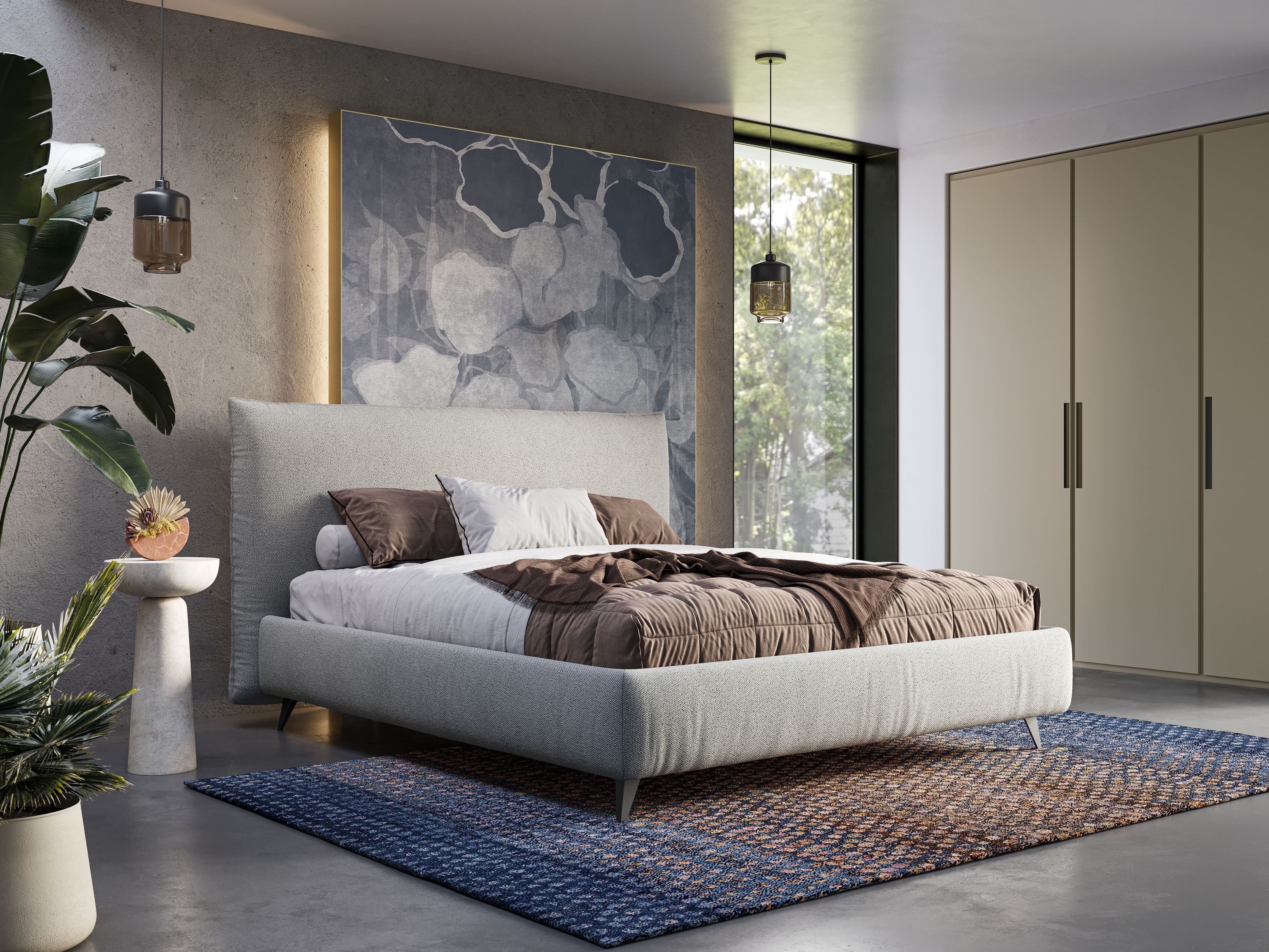 EROS letto imbottito in piuma con vano contenitore in pregiato e fresco bouclet smacchiabile T16 panna - divani.store