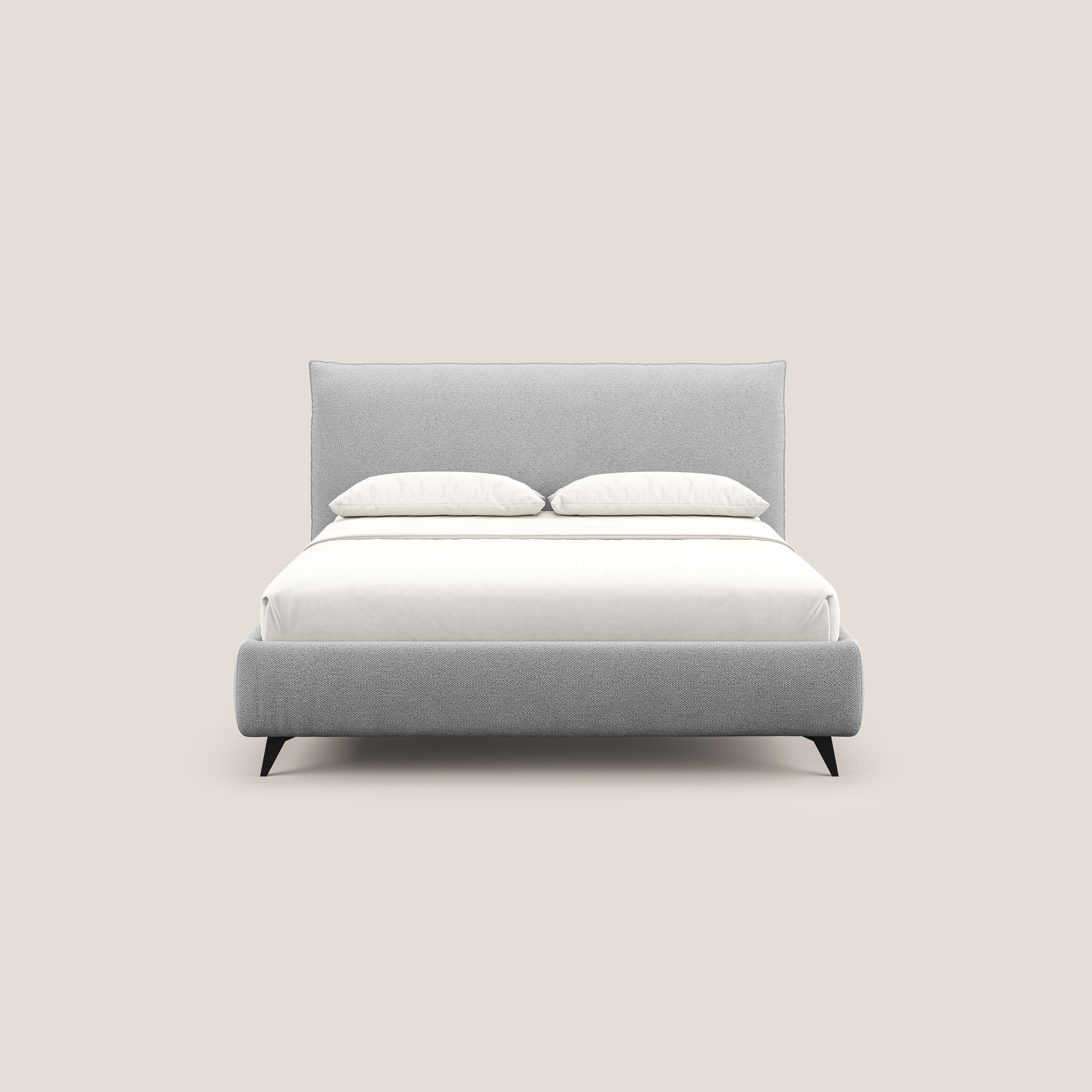 EROS letto imbottito in piuma con vano contenitore in pregiato e fresco bouclet smacchiabile T16 grigio - divani.store