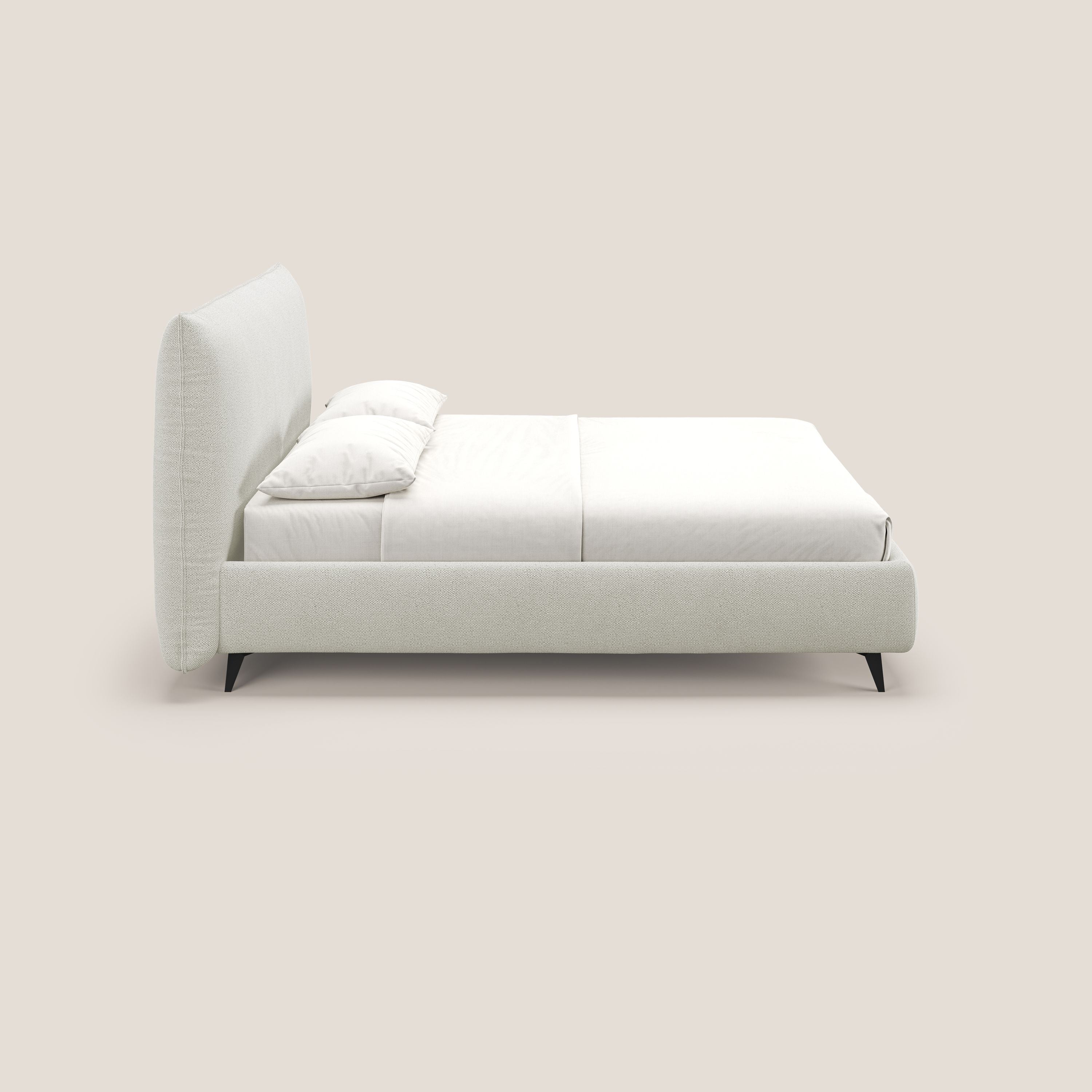 EROS letto imbottito in piuma con vano contenitore in pregiato e fresco bouclet smacchiabile T16 panna - divani.store