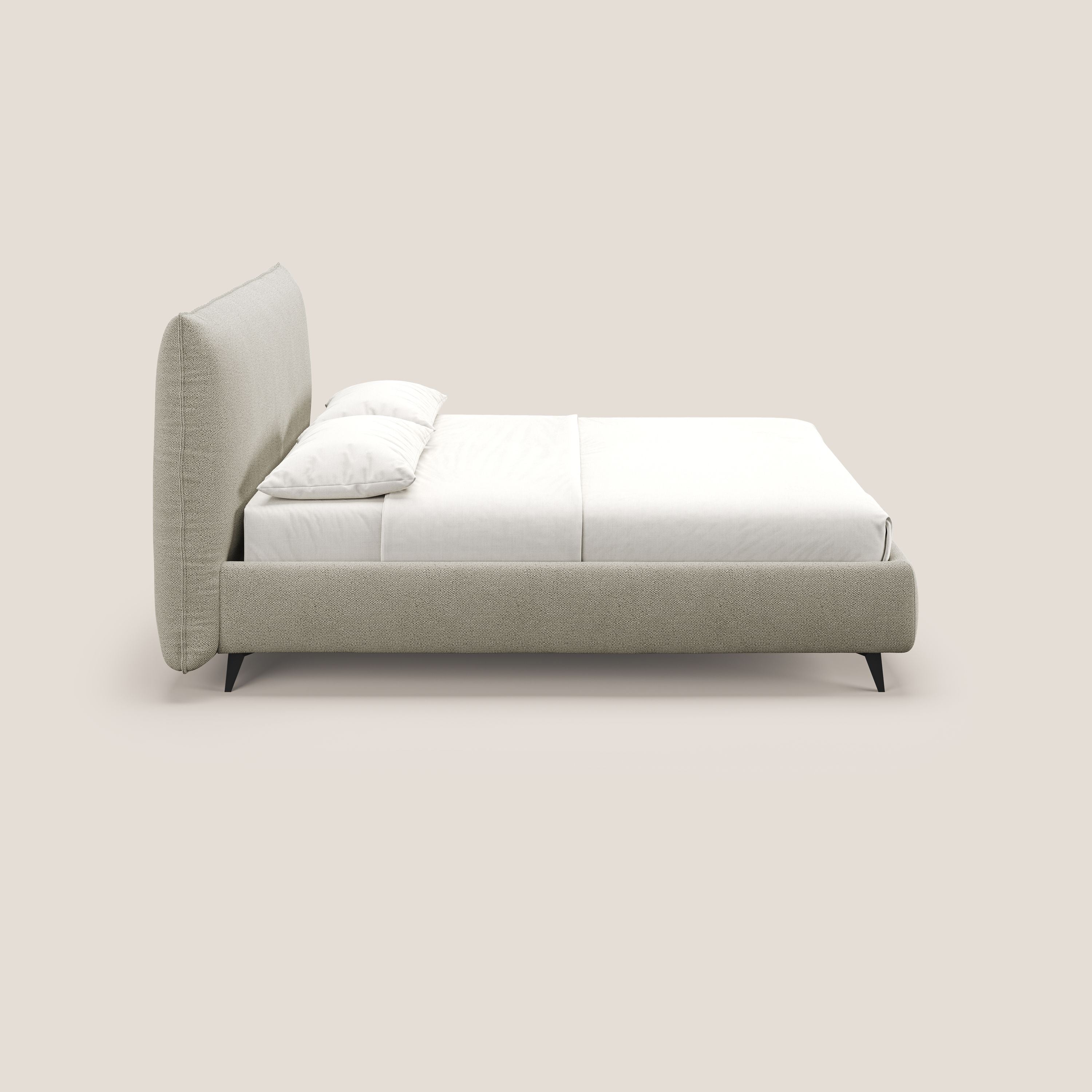 EROS letto imbottito in piuma con vano contenitore in pregiato e fresco bouclet smacchiabile T16 beige - divani.store