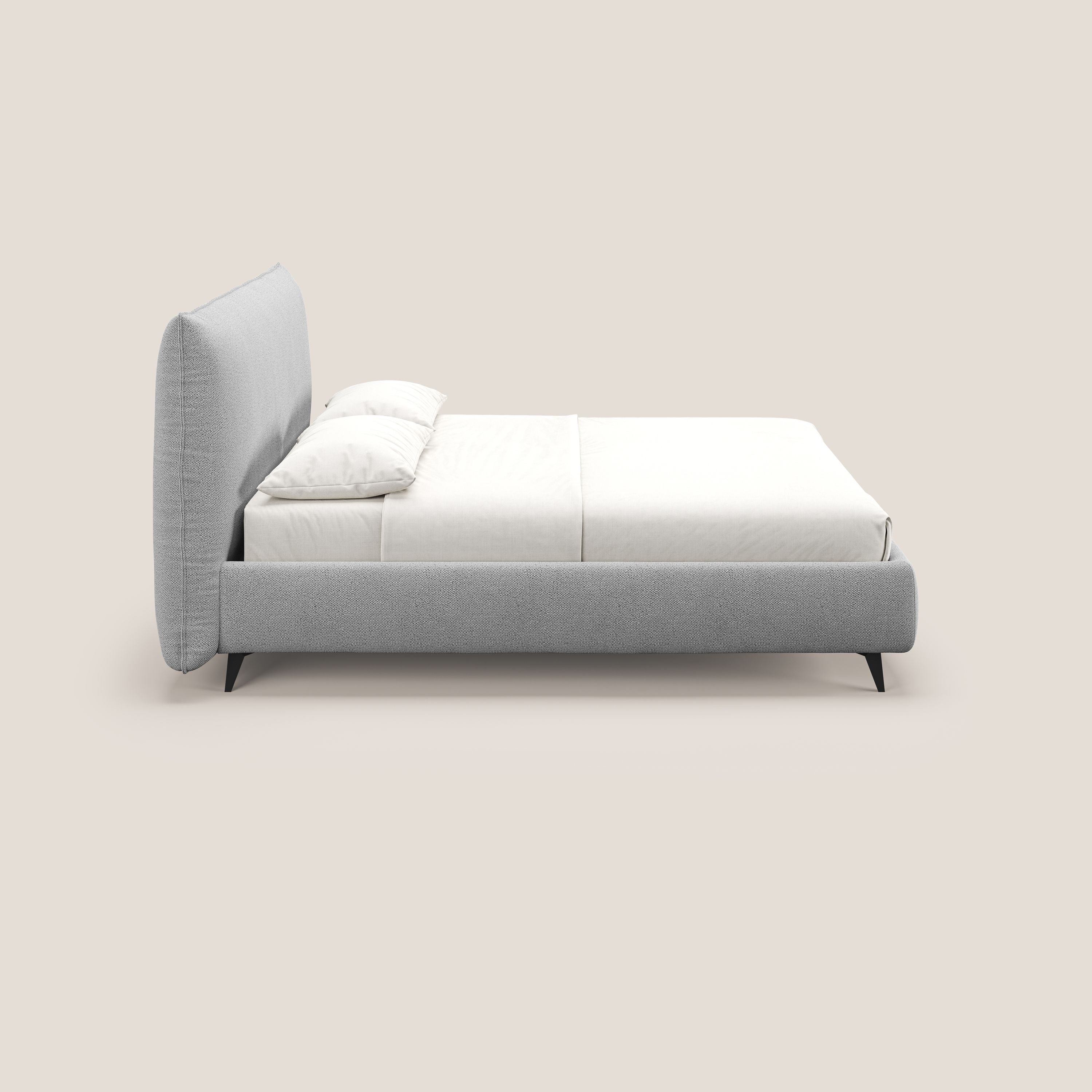 EROS letto imbottito in piuma con vano contenitore in pregiato e fresco bouclet smacchiabile T16 grigio - divani.store