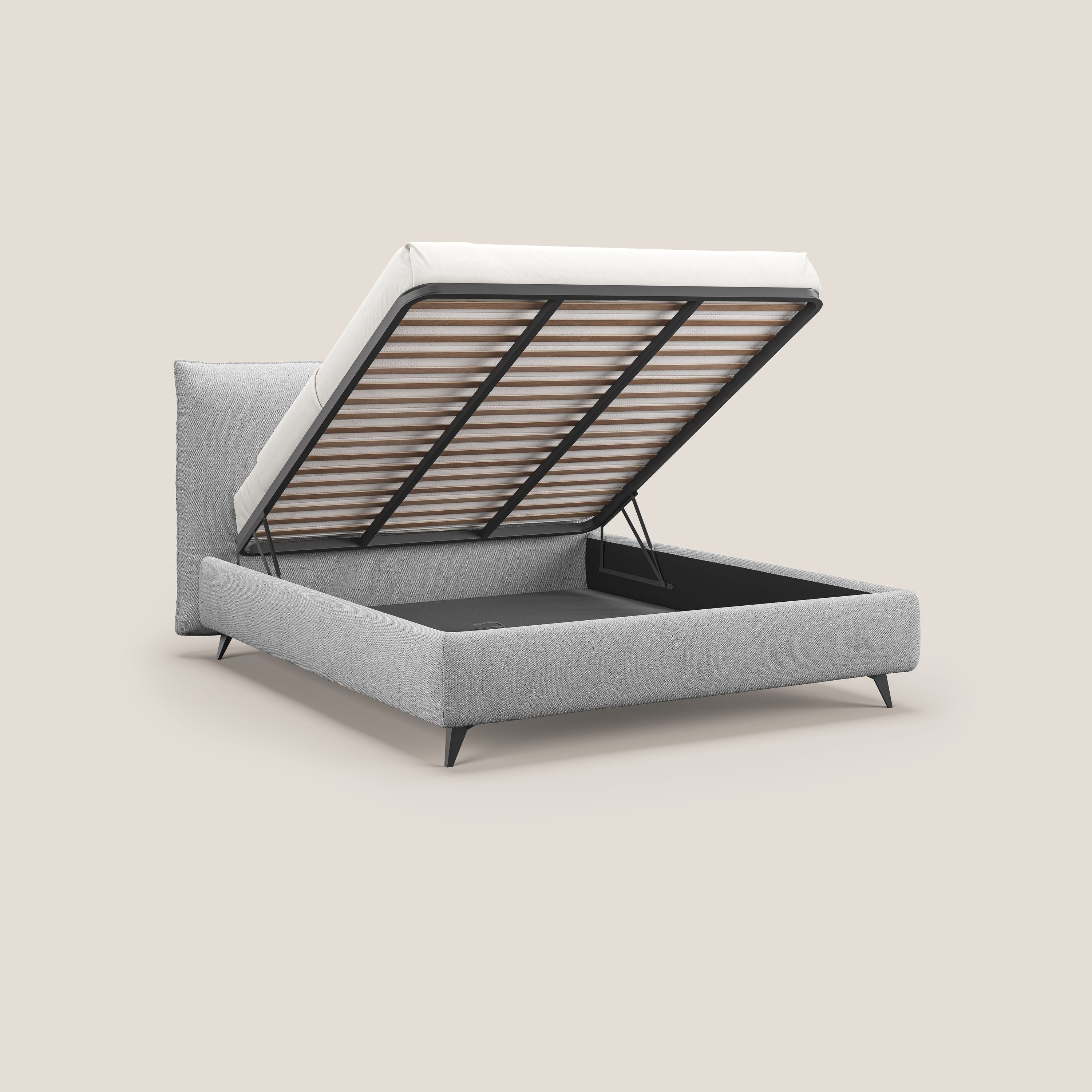 EROS letto imbottito in piuma con vano contenitore in pregiato e fresco bouclet smacchiabile T16 grigio - divani.store