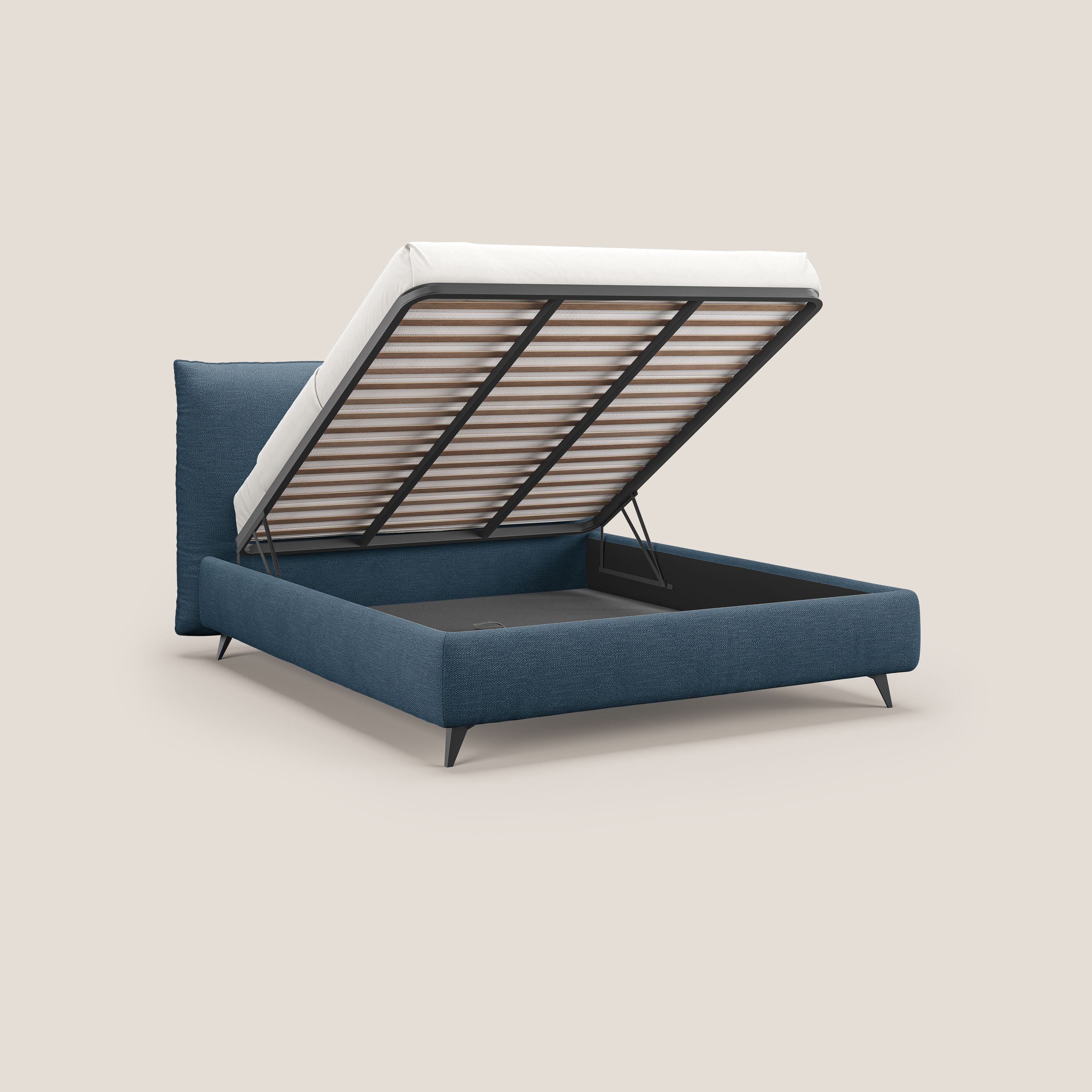 EROS letto imbottito in piuma con vano contenitore in pregiato e fresco bouclet smacchiabile T16 blu - divani.store