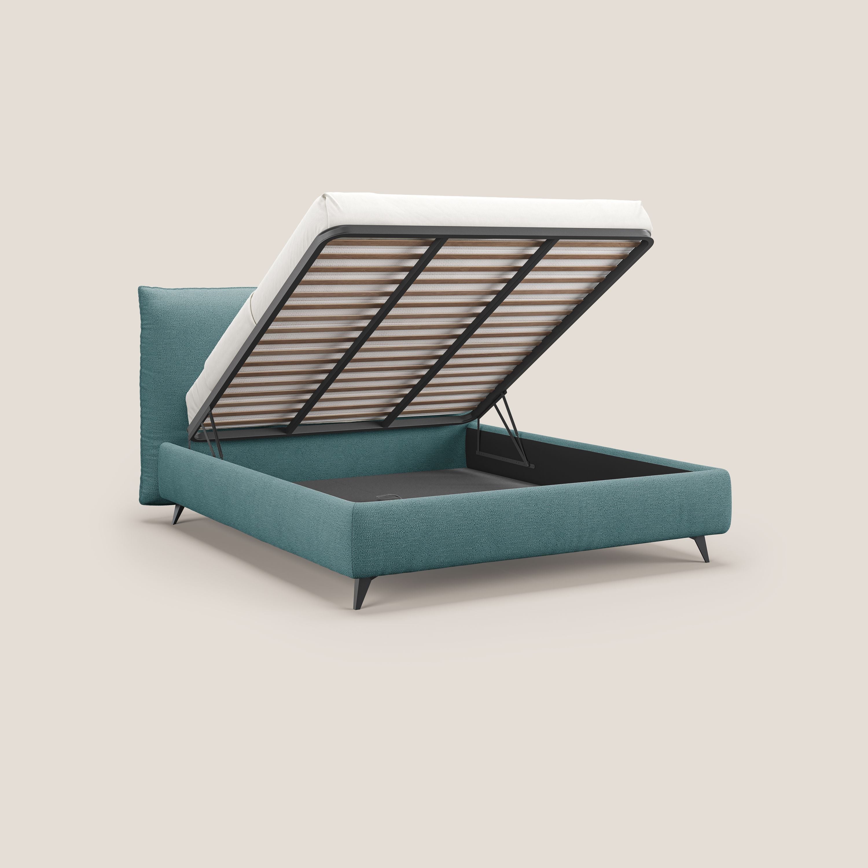 EROS letto imbottito in piuma con vano contenitore in pregiato e fresco bouclet smacchiabile T16 azzurro - divani.store