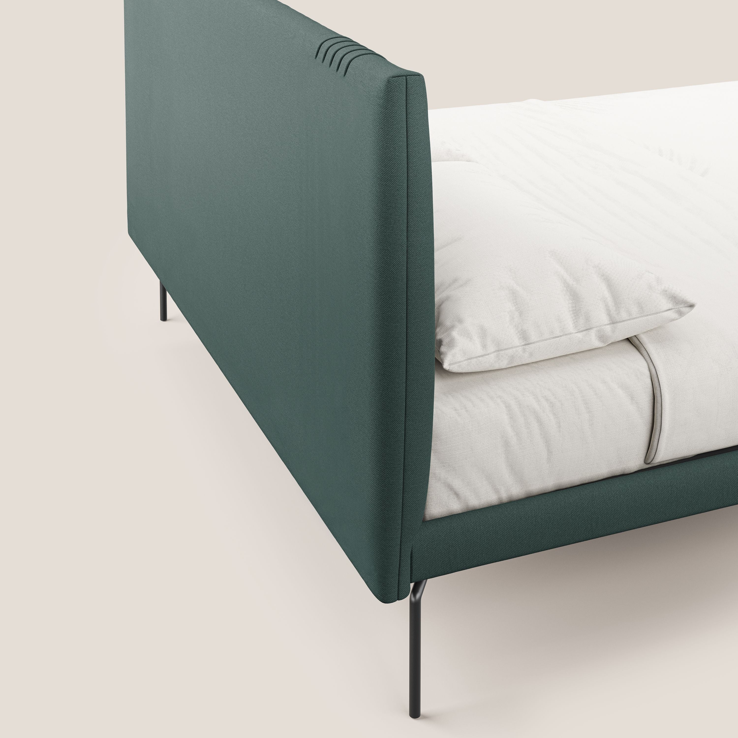 Finn letto imbottito con piedi alti in metallo in tessuto smacchiabile T05 verde - divani.store