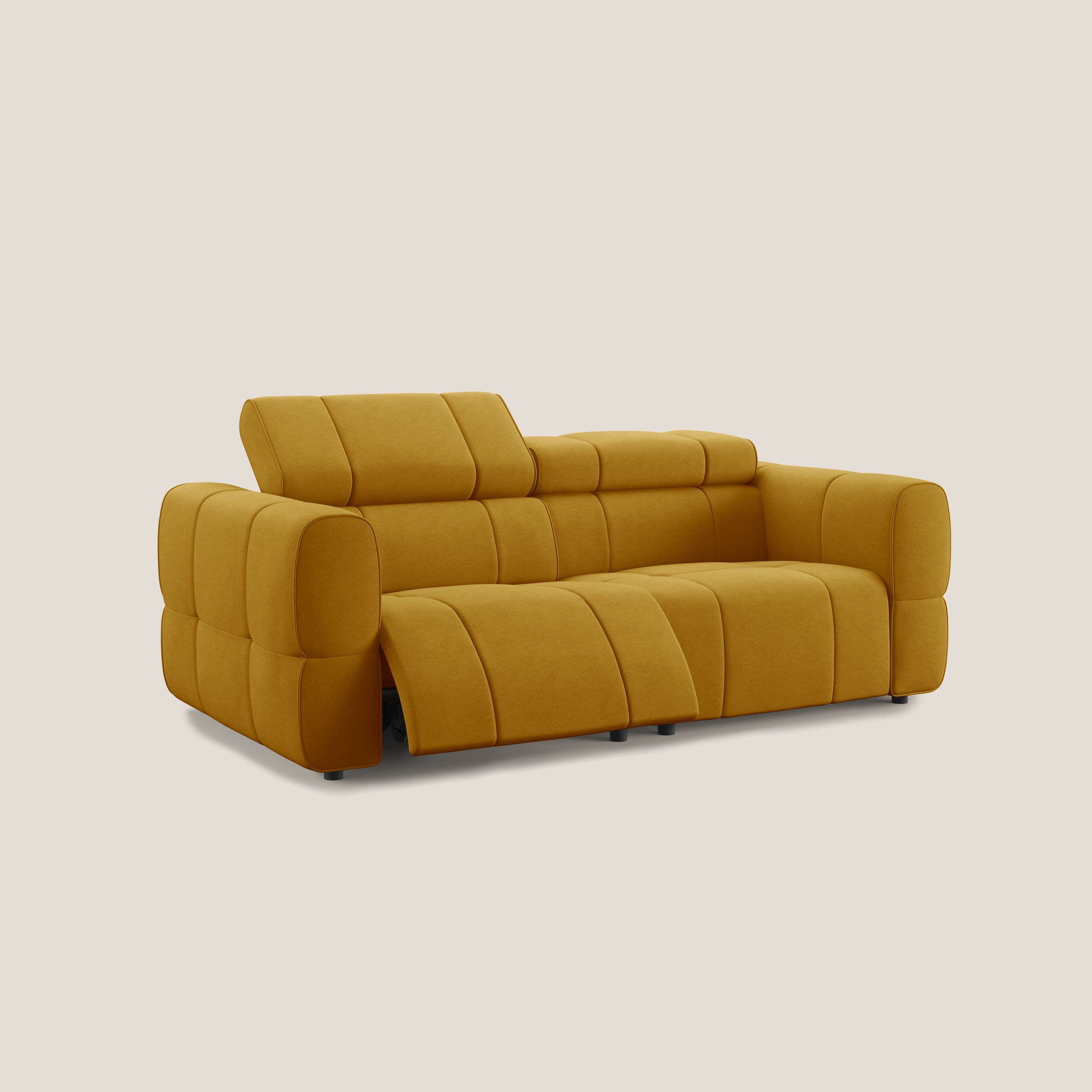 Giotto Divano modulare con opzione relax elettrico in microfibra effetto velluto impermeabile T09 giallo - divani.store