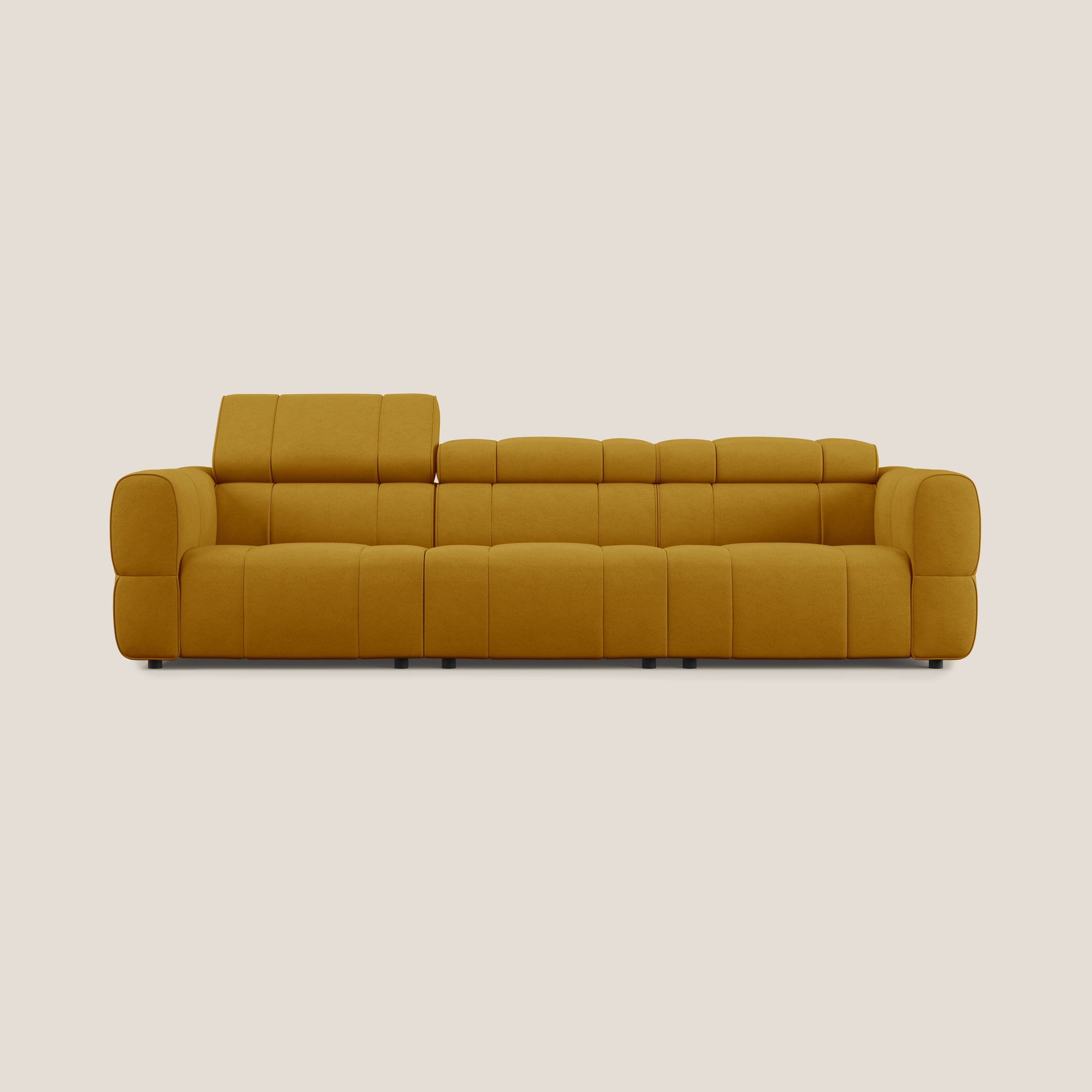 Giotto Divano modulare a 3 sedute con opzione relax elettrico in microfibra effetto velluto impermeabile T09 giallo - divani.store