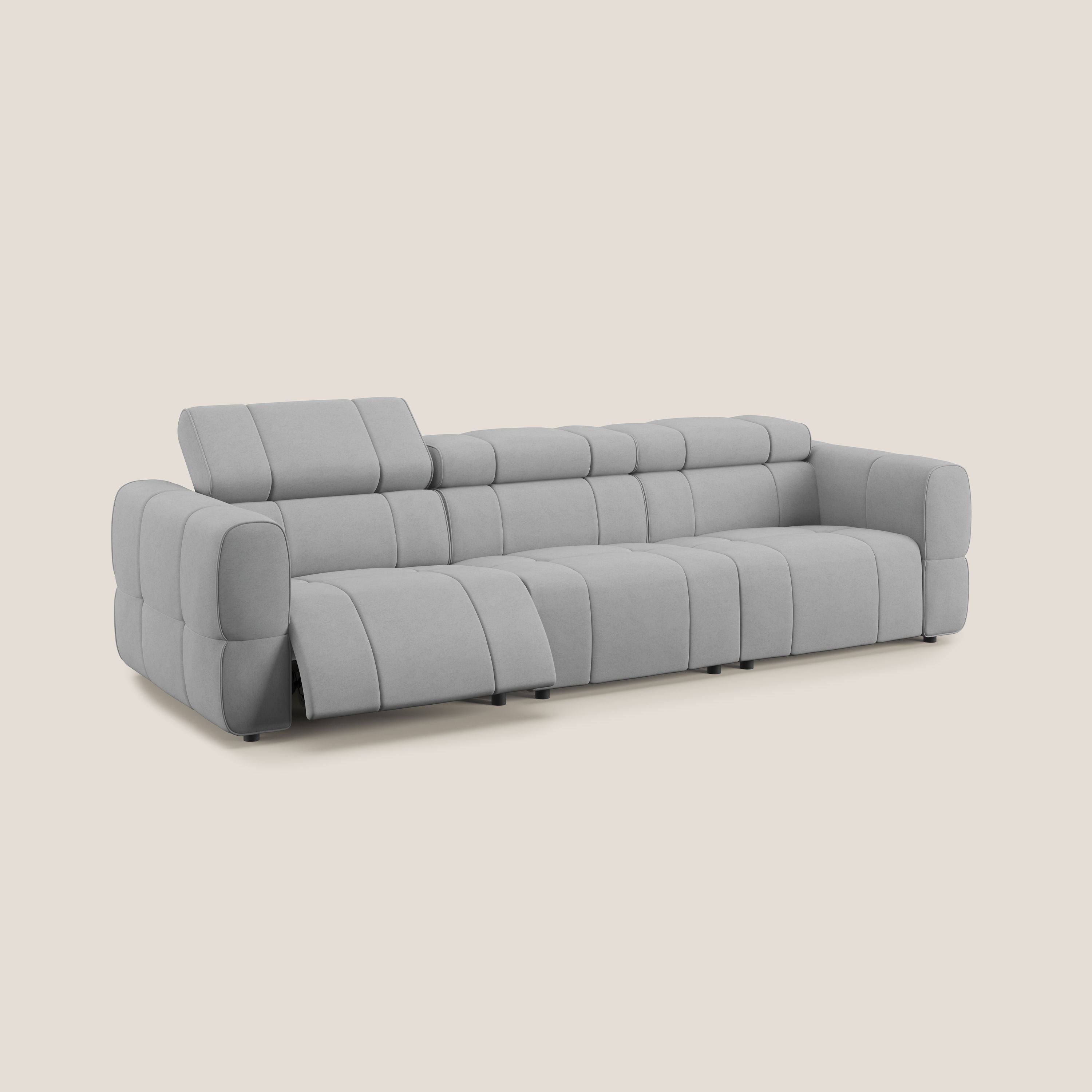 Giotto Divano modulare a 3 sedute con opzione relax elettrico in microfibra effetto velluto impermeabile T09 grigio chiaro - divani.store