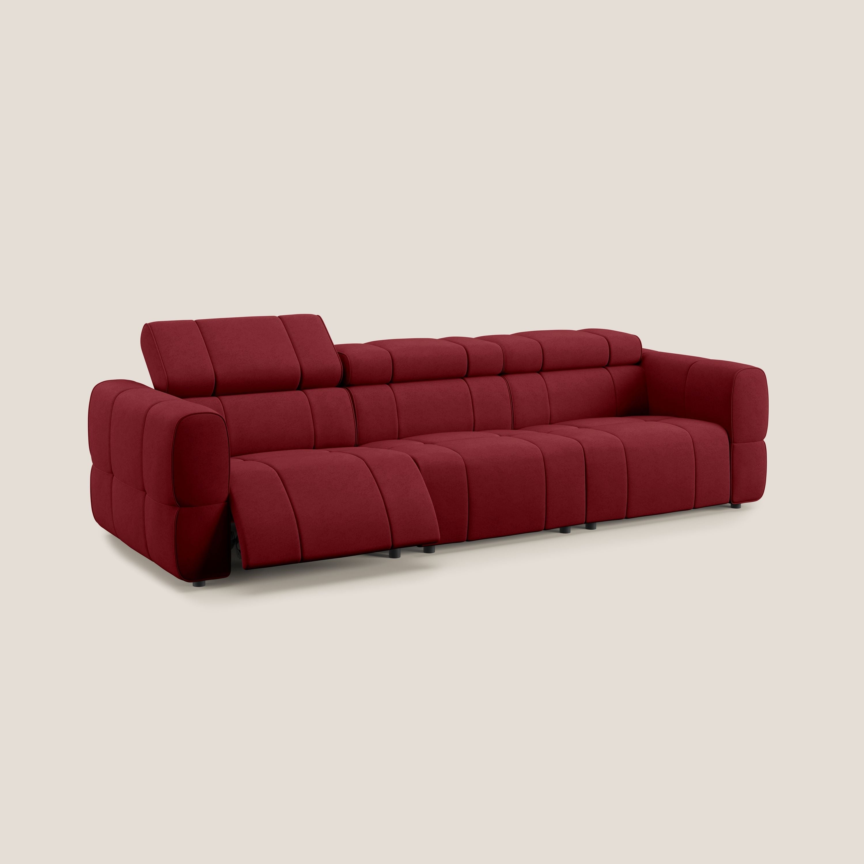 Giotto Divano modulare a 3 sedute con opzione relax elettrico in microfibra effetto velluto impermeabile T09 rosso - divani.store