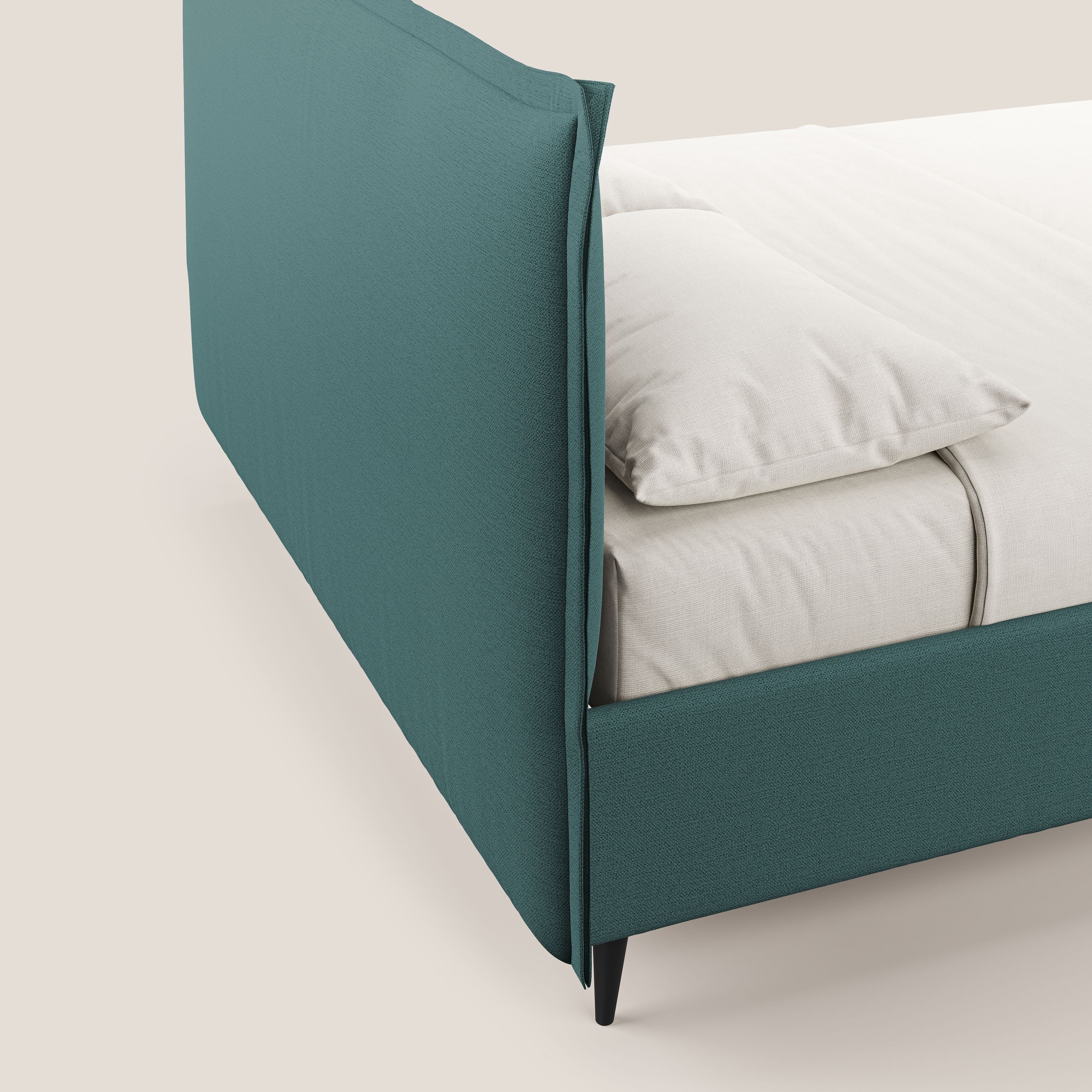 Hans letto contenitore imbottito minimal in tessuto simil cotone impermeabile T19 petrolio - divani.store