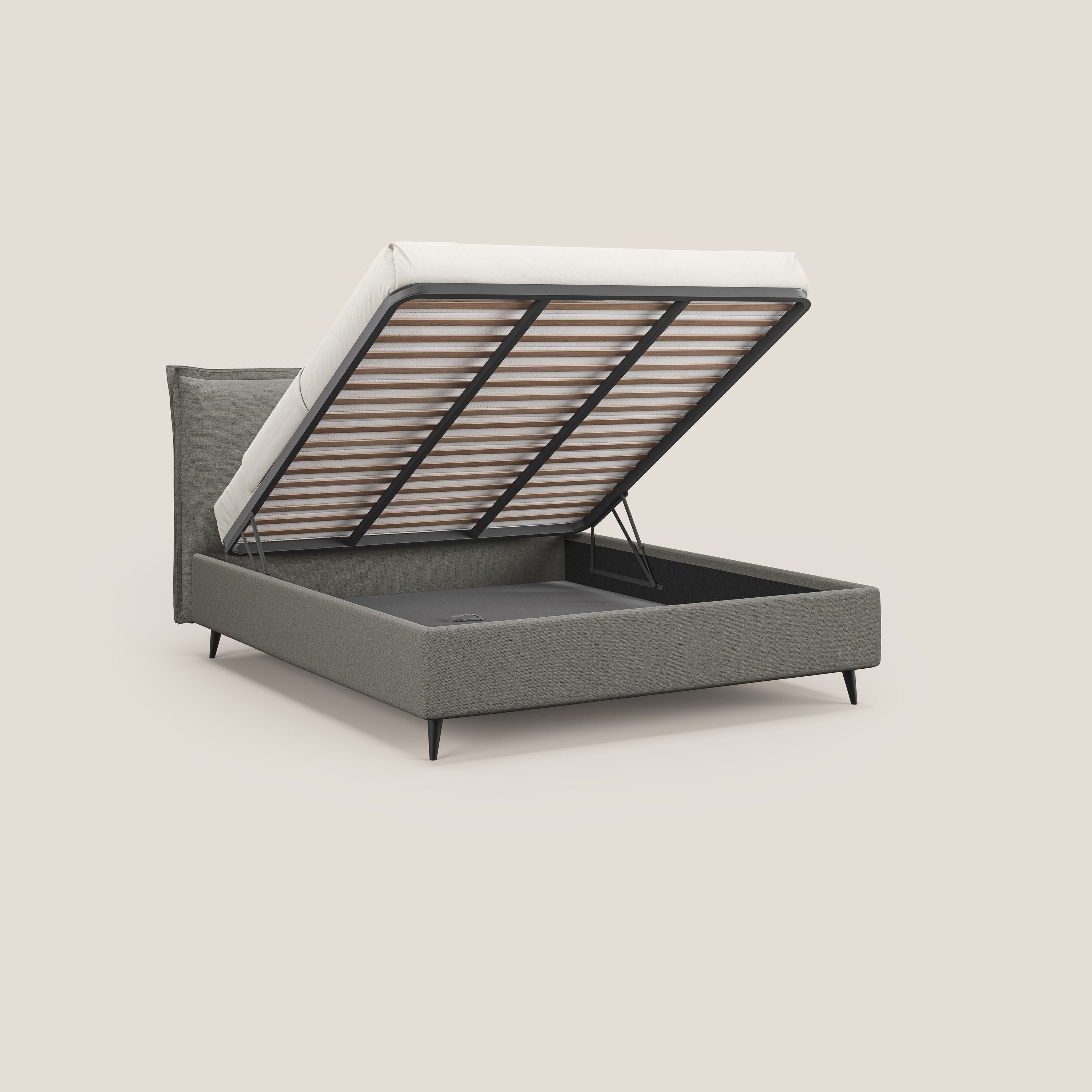 Hans letto contenitore imbottito minimal in tessuto simil cotone impermeabile T19 beige - divani.store