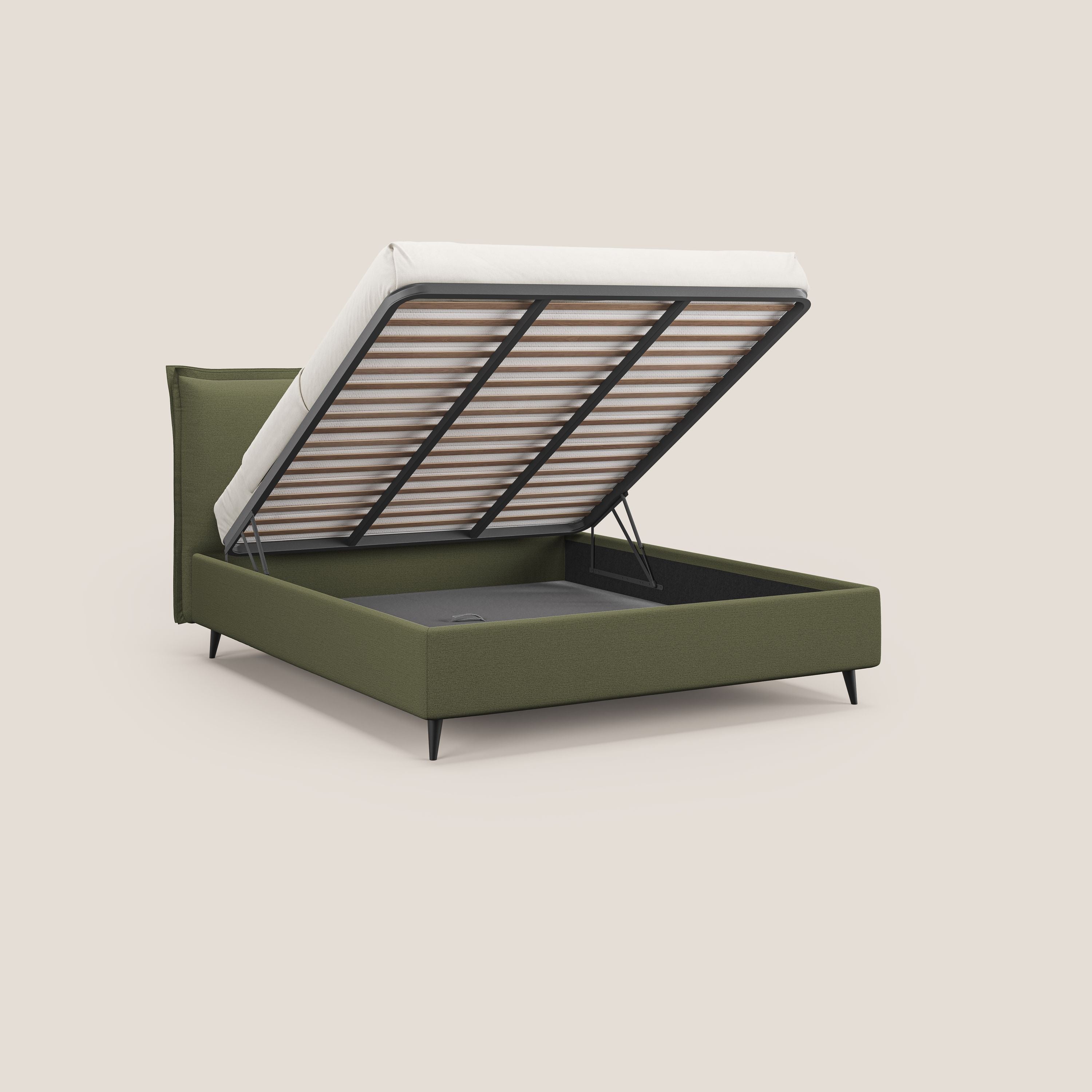 Hans letto contenitore imbottito minimal in tessuto simil cotone impermeabile T19 verde - divani.store