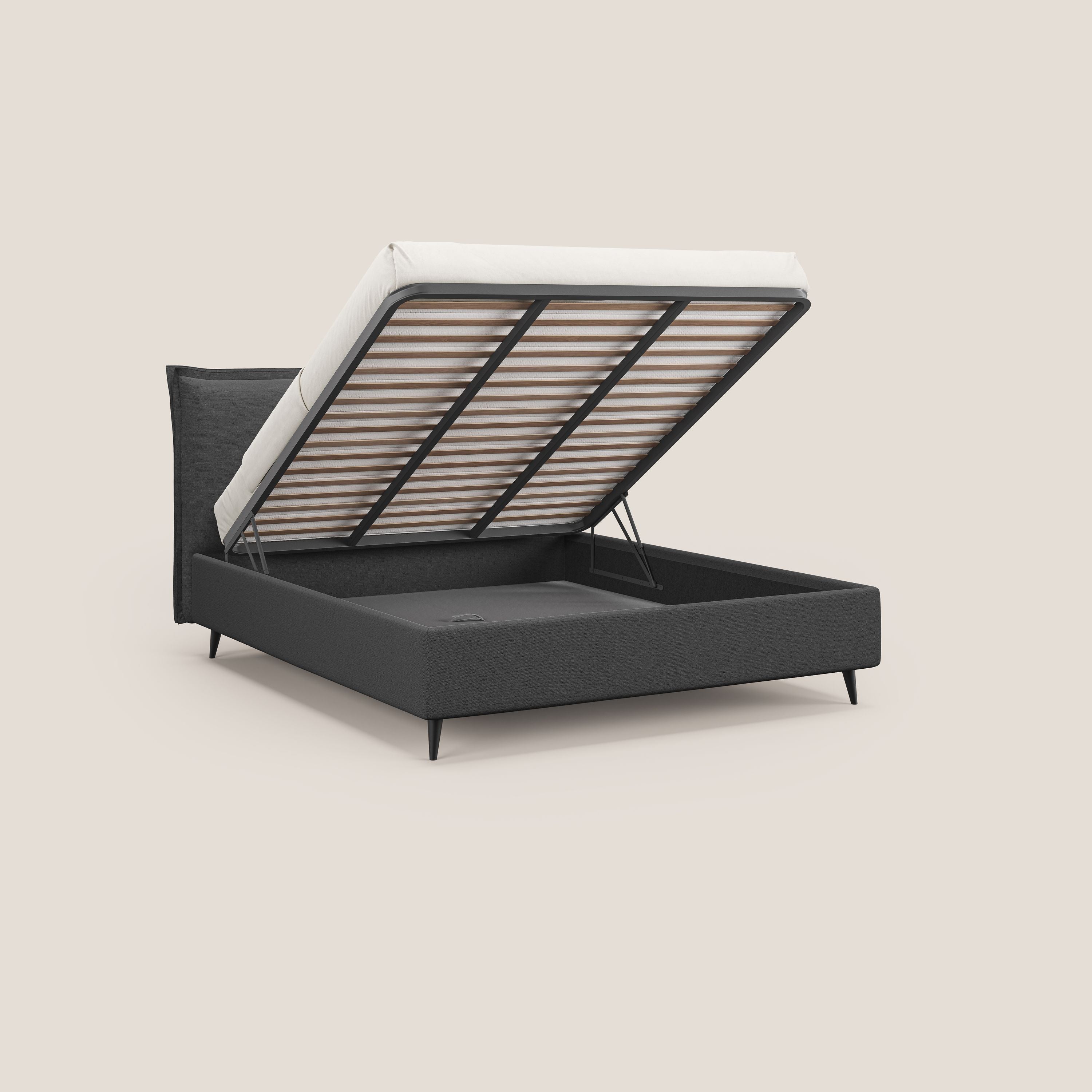 Hans letto contenitore imbottito minimal in tessuto simil cotone impermeabile T19 antracite - divani.store