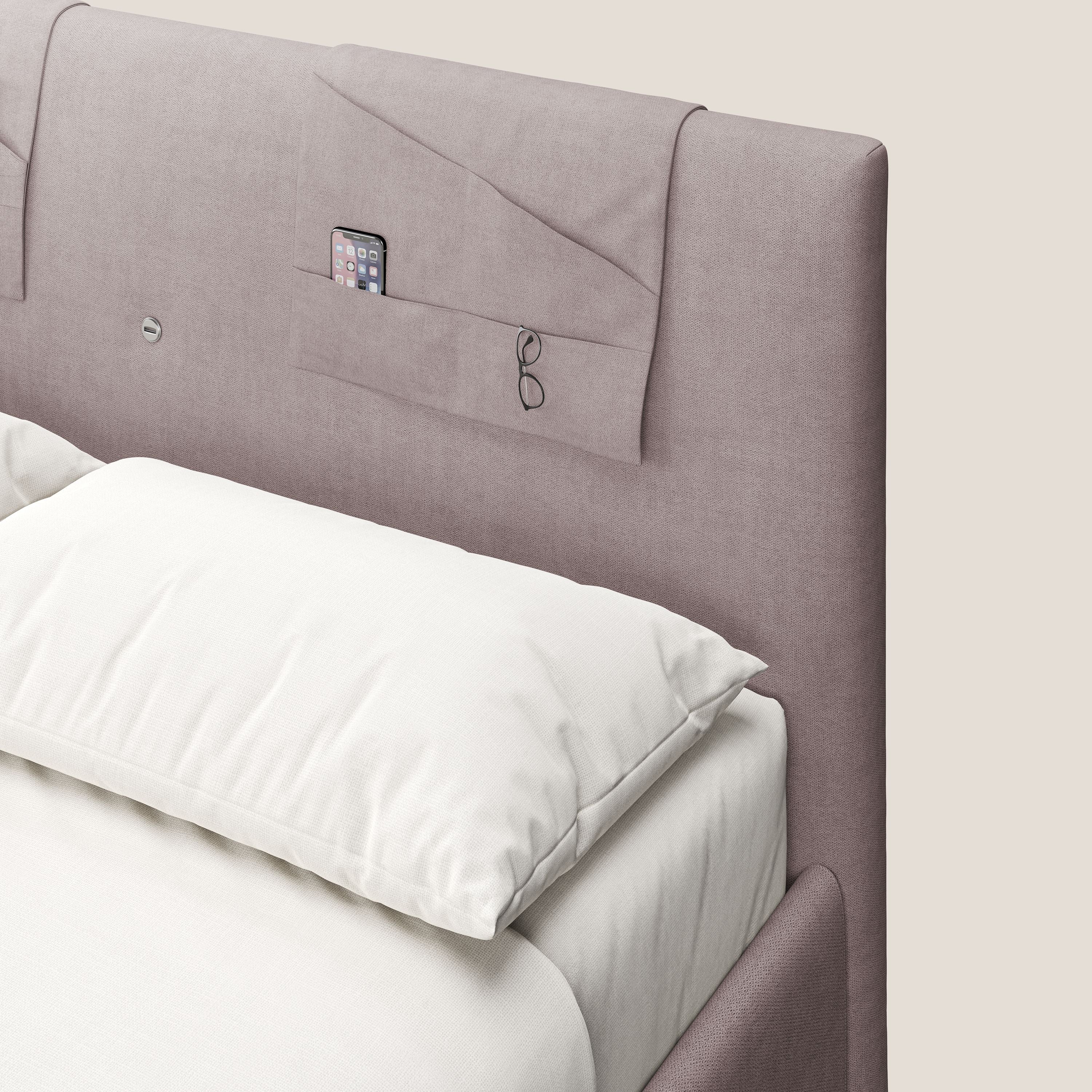 Horus letto imbottito contenitore e presa USB sulla testata in tessuto impermeabile T02 rosa - divani.store