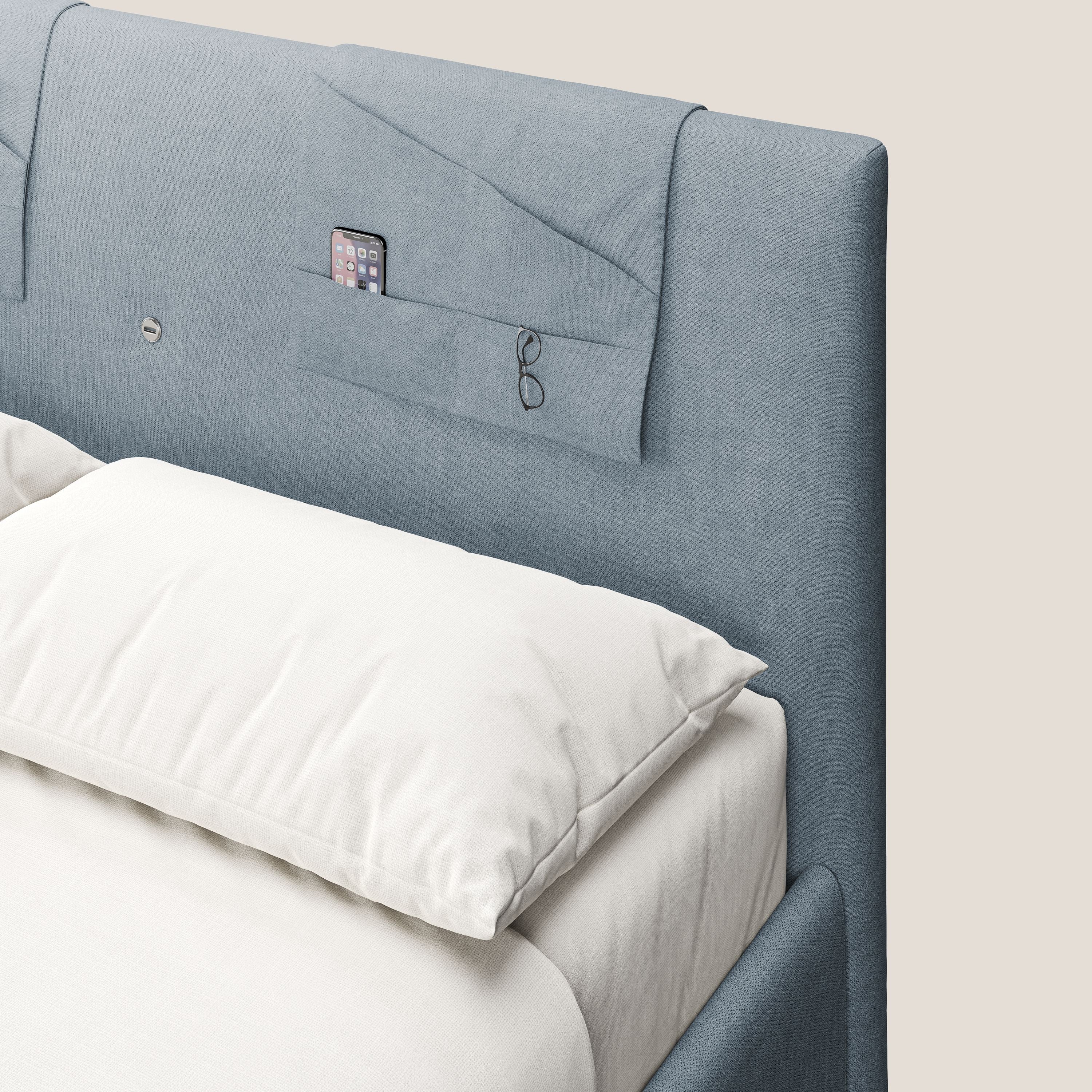Horus letto imbottito contenitore e presa USB sulla testata in tessuto impermeabile T02 carta da zucchero - divani.store