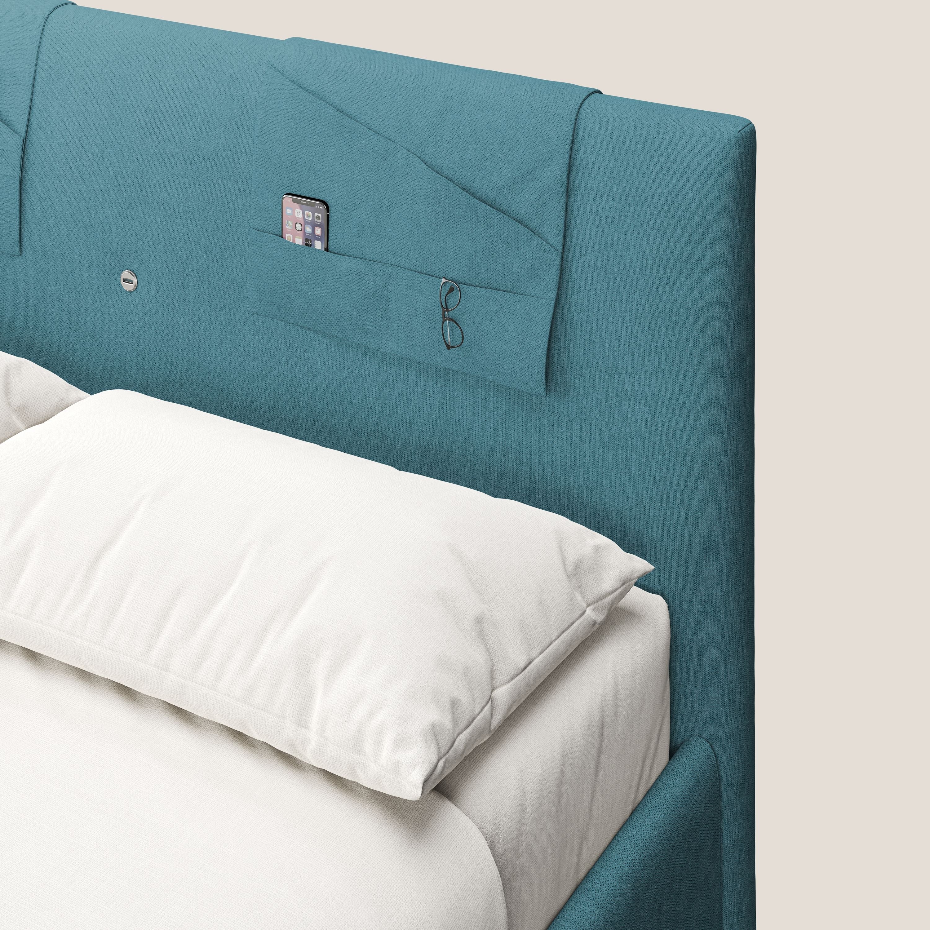 Horus letto imbottito contenitore e presa USB sulla testata in tessuto impermeabile T02 azzurro - divani.store