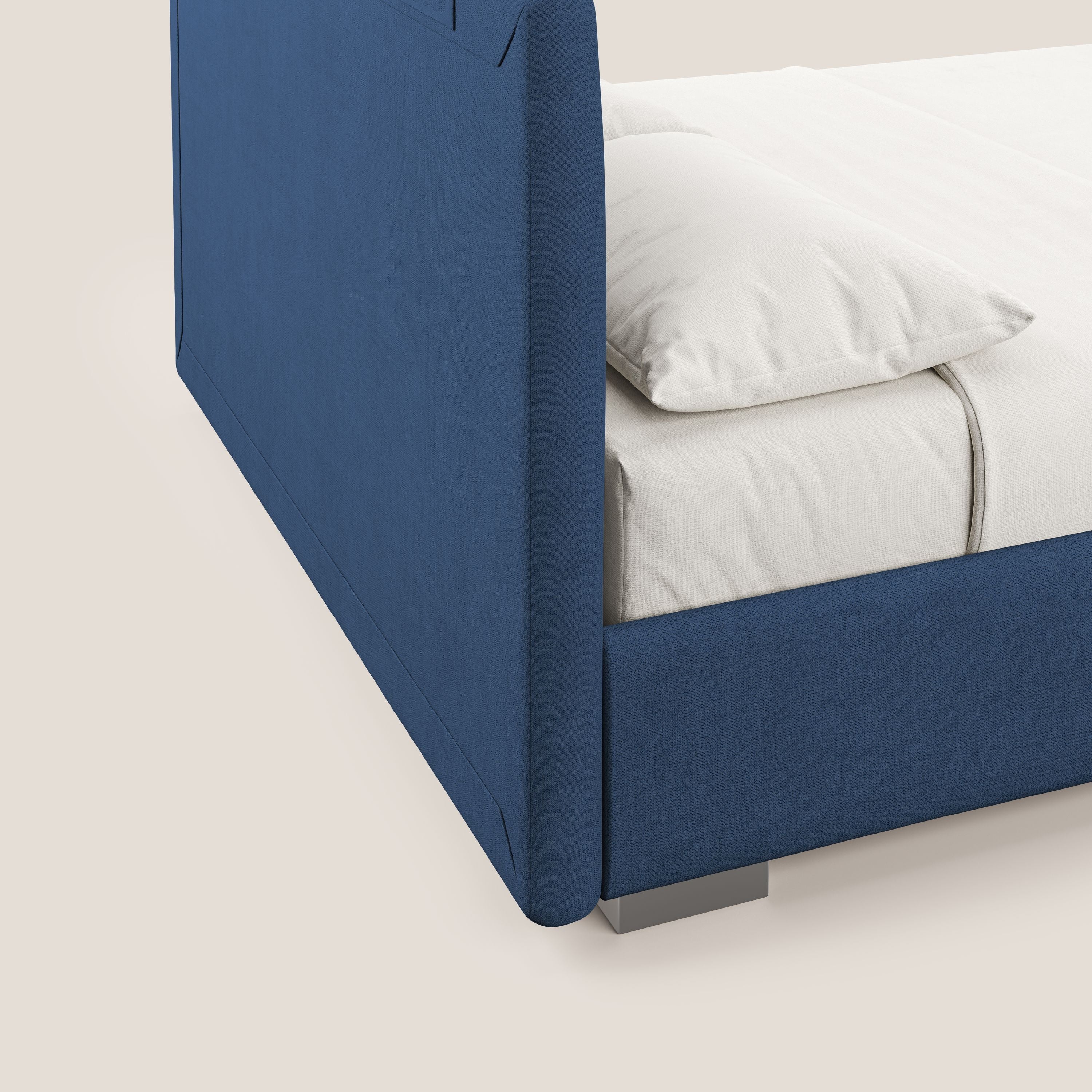 Horus letto imbottito contenitore e presa USB sulla testata in tessuto impermeabile T02 blu - divani.store