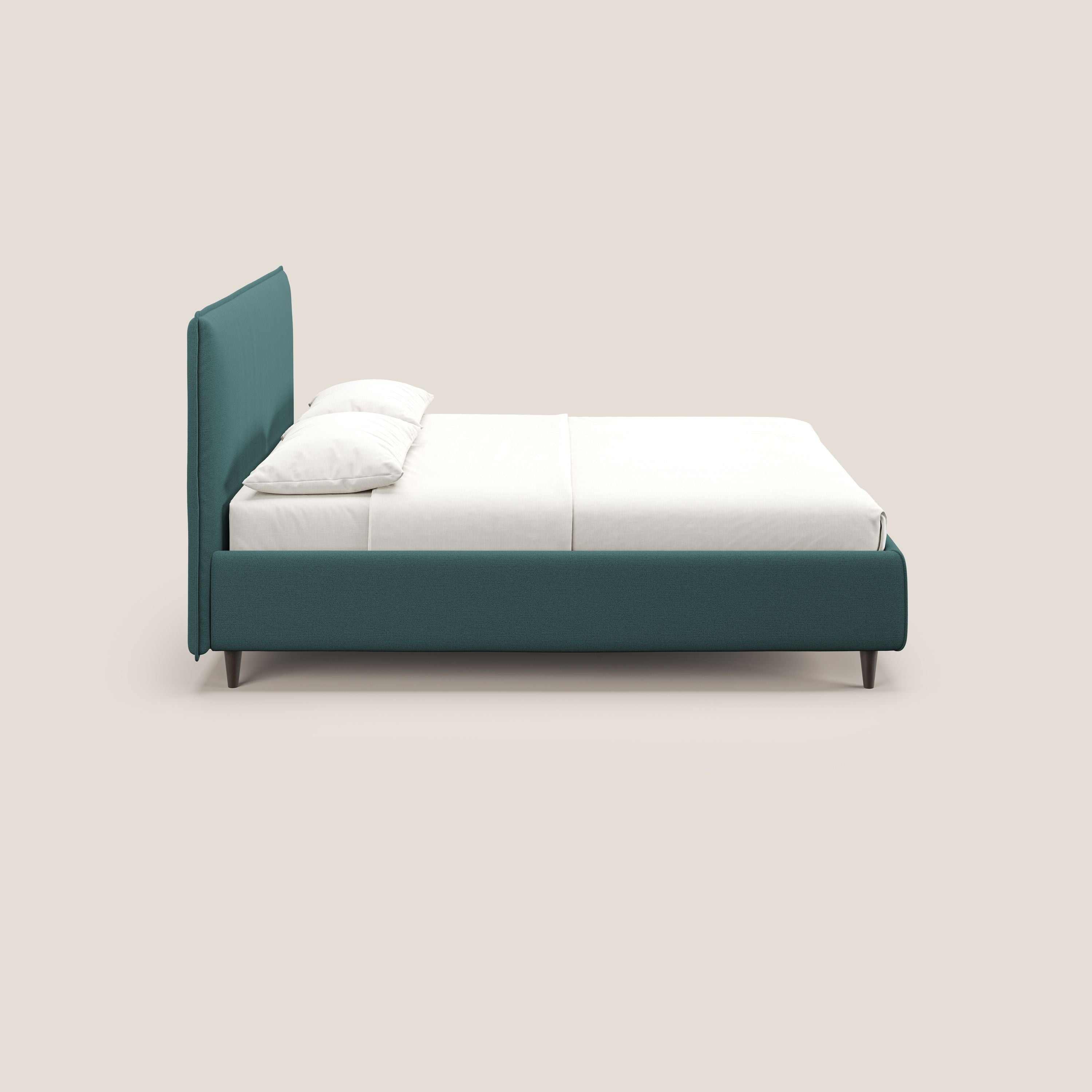 Hunter letto imbottito contenitore sfoderabile in tessuto impermeabile fiammato T19 petrolio - divani.store